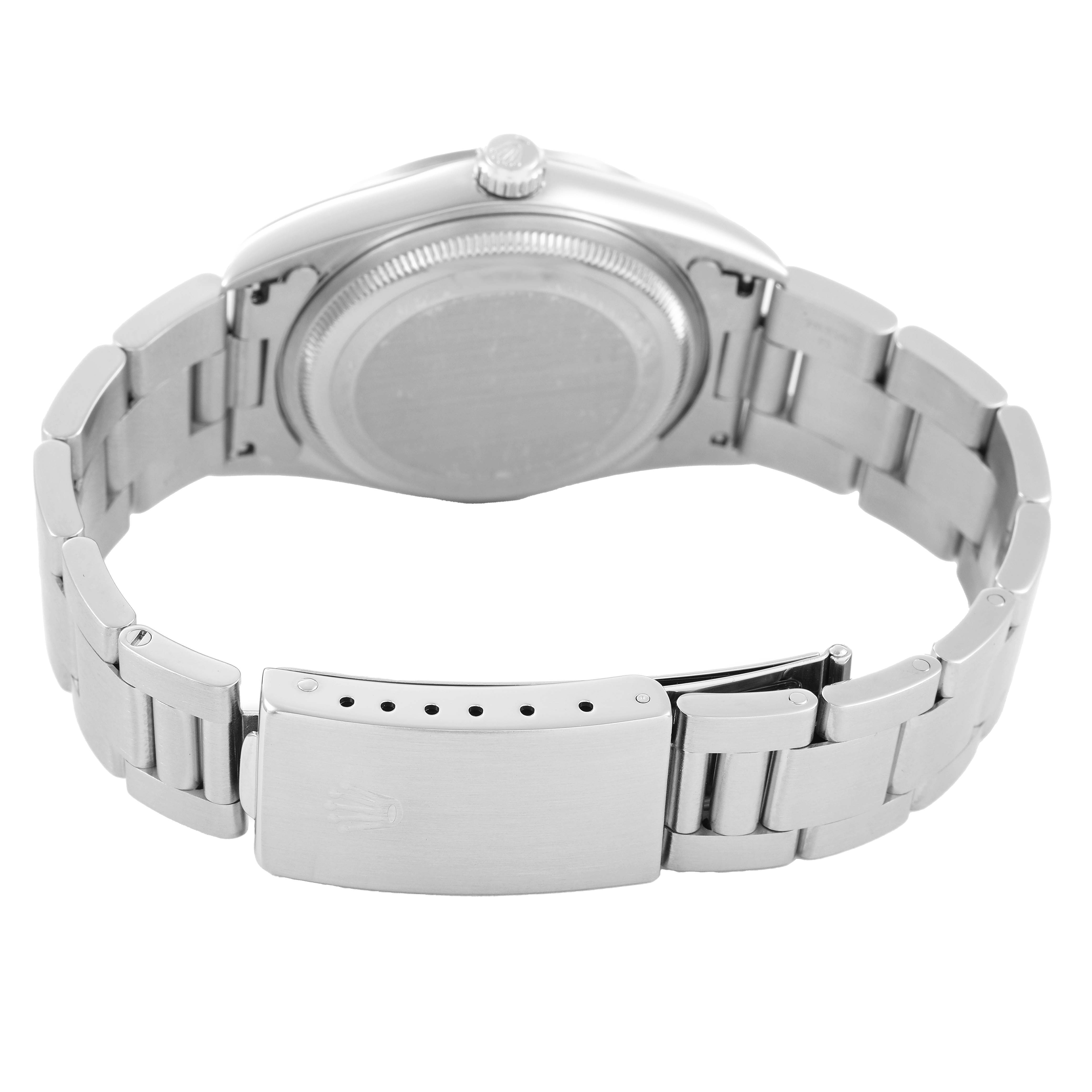 The Rolex Air-King 14000 Mens Stainless Steel Pink Dial watch is shown from the back, highlighting the case back, bracelet, and clasp.