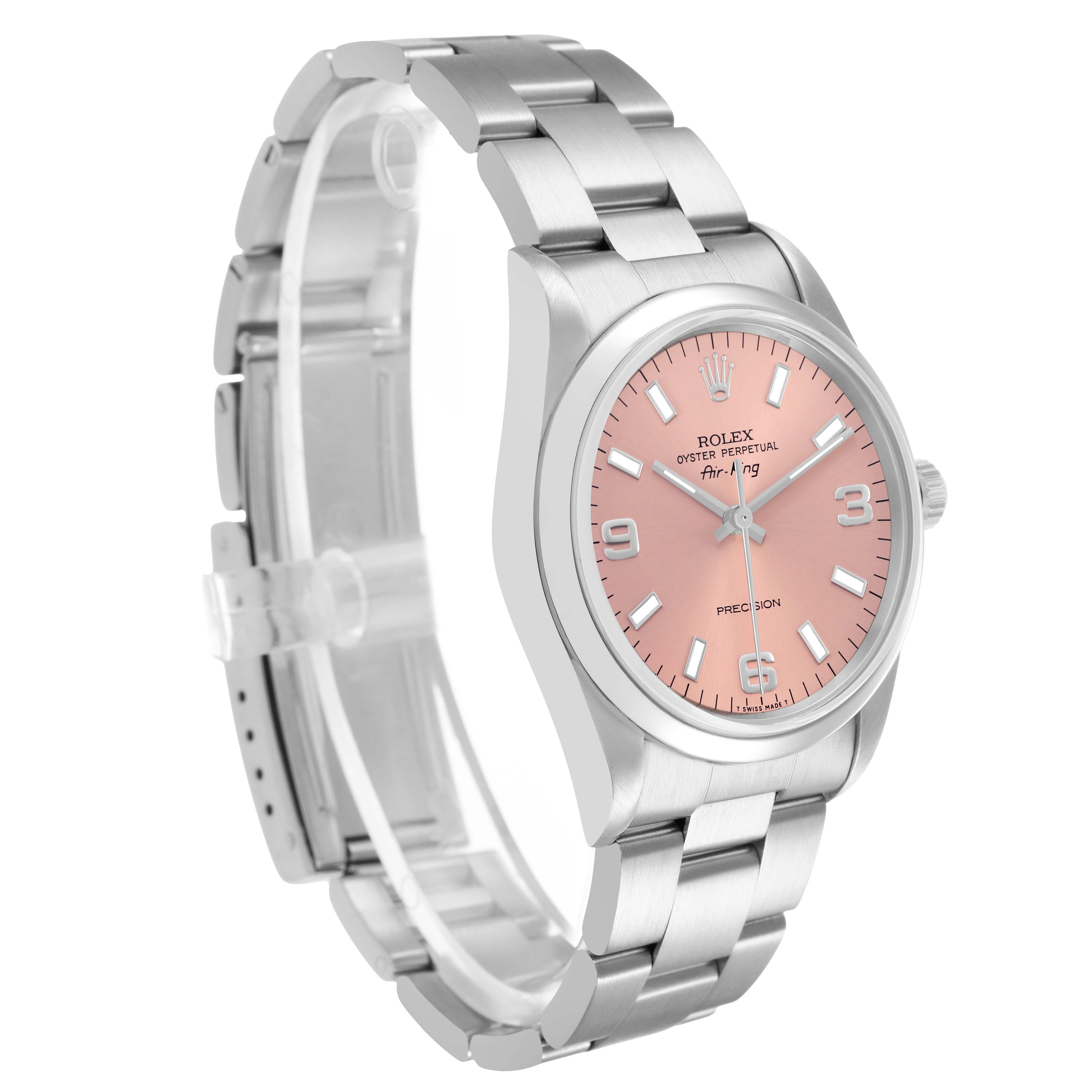 The Rolex Air-King 14000 Mens Stainless Steel Pink Dial watch is shown at a three-quarter angle, featuring its bracelet, case, crown, and pink dial.
