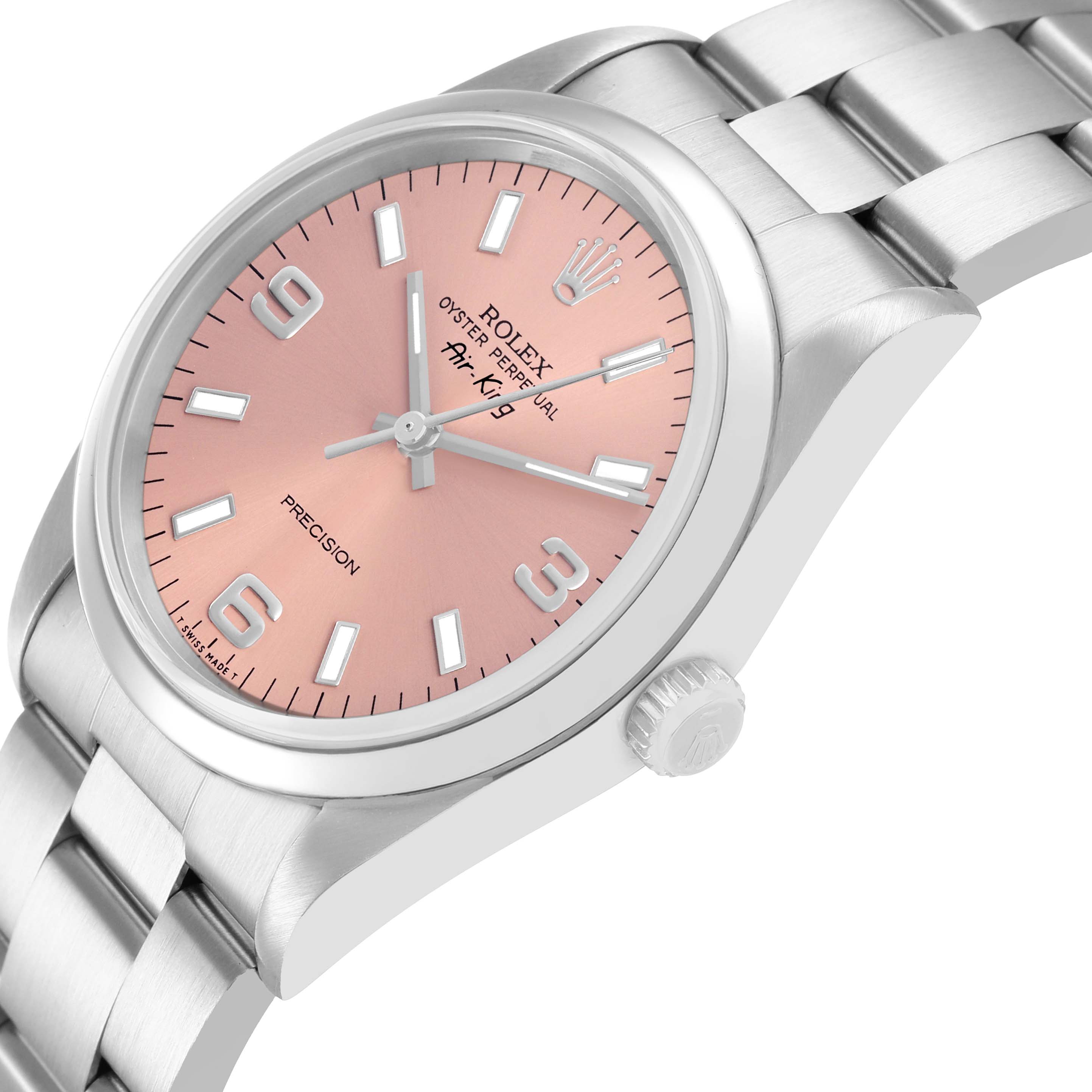 The Rolex Air-King 14000 Mens Stainless Steel Pink Dial watch is shown at a three-quarter angle, highlighting the pink dial, crown, and bracelet.