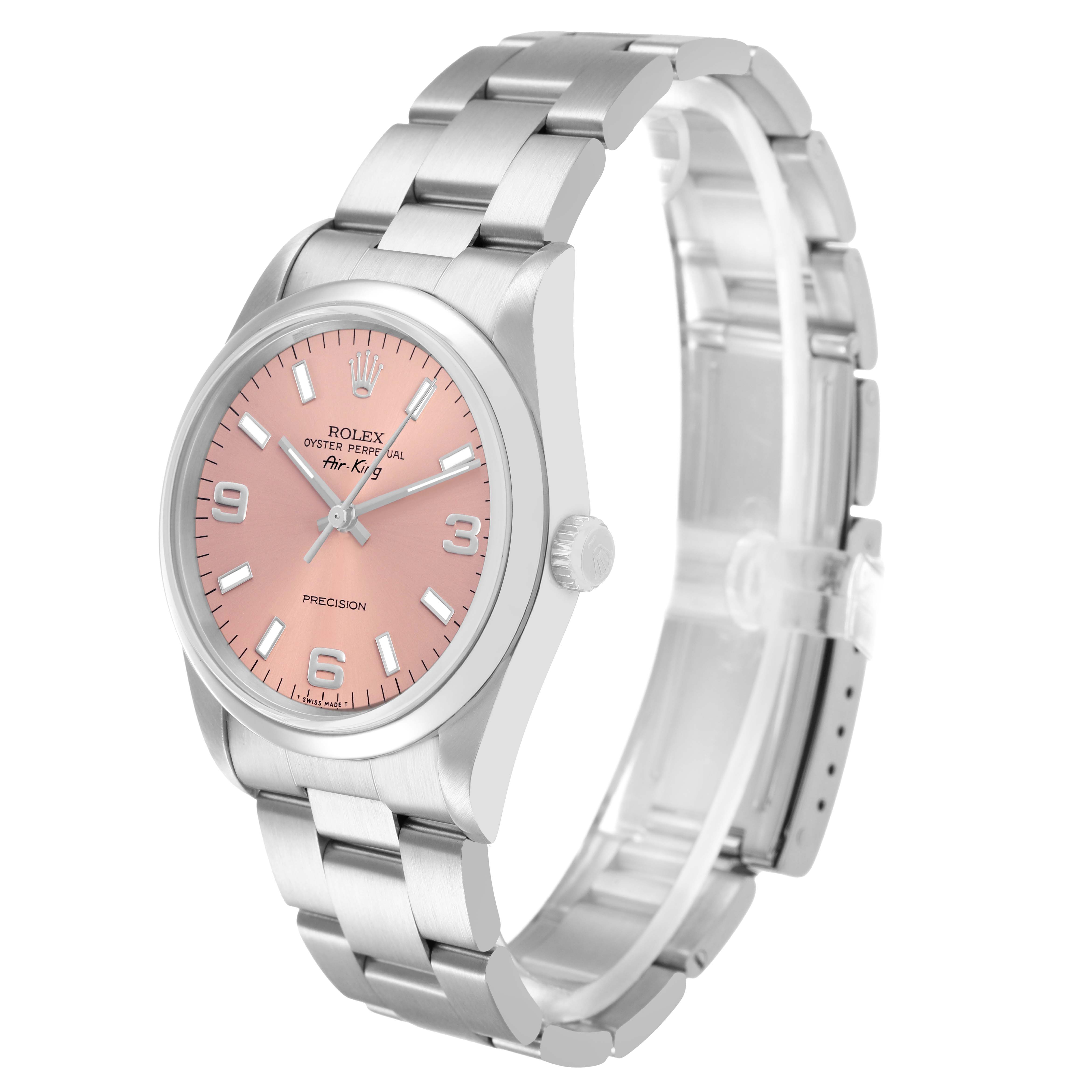 The Rolex Air-King 14000 Mens Stainless Steel Pink Dial watch is shown angled slightly from the side, displaying the bracelet, case, crown, and pink dial.