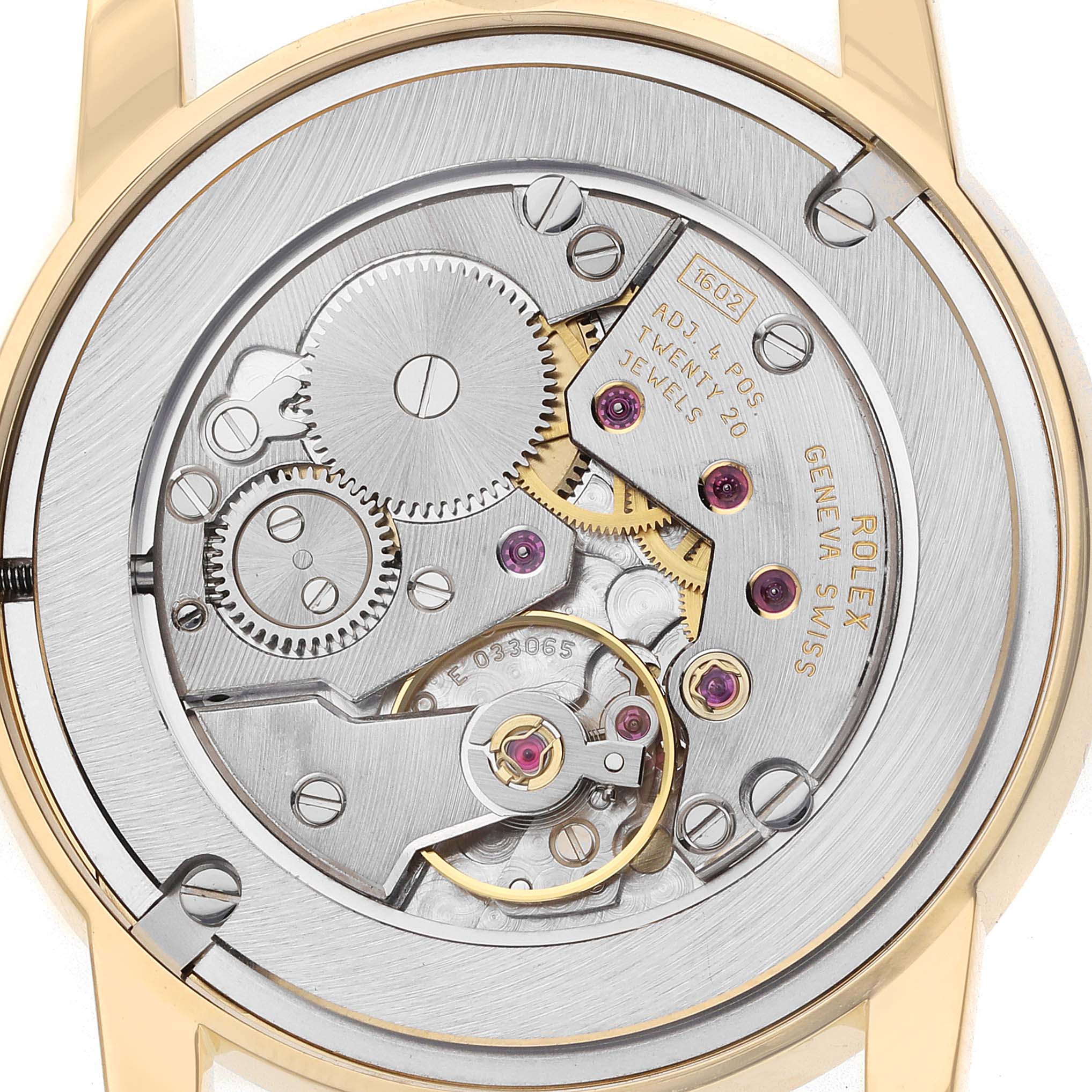 The image shows the back of a Rolex Cellini 5116 Men's Yellow Gold Champagne Dial watch, highlighting the movement and mechanical components.