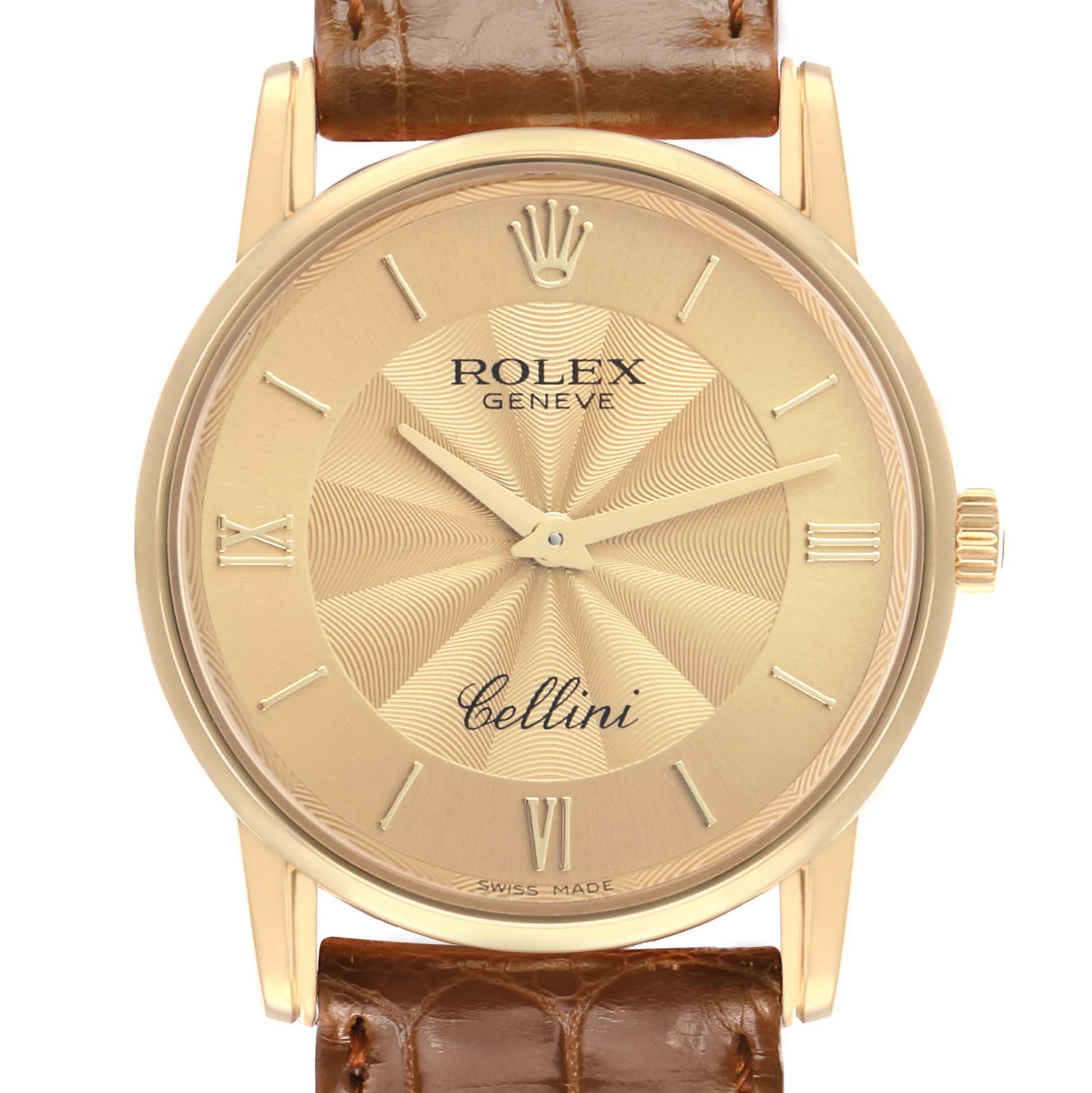 The Rolex Cellini 5116 Men's Yellow Gold Champagne Dial watch is shown from the front, displaying the dial, casing, hands, and part of the leather strap.