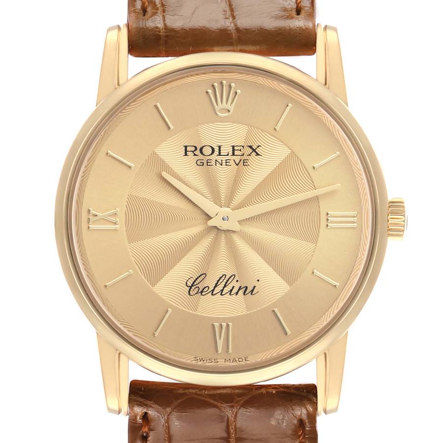 The Rolex Cellini 5116 Men's Yellow Gold Champagne Dial watch is shown from the front, displaying the dial, casing, hands, and part of the leather strap.