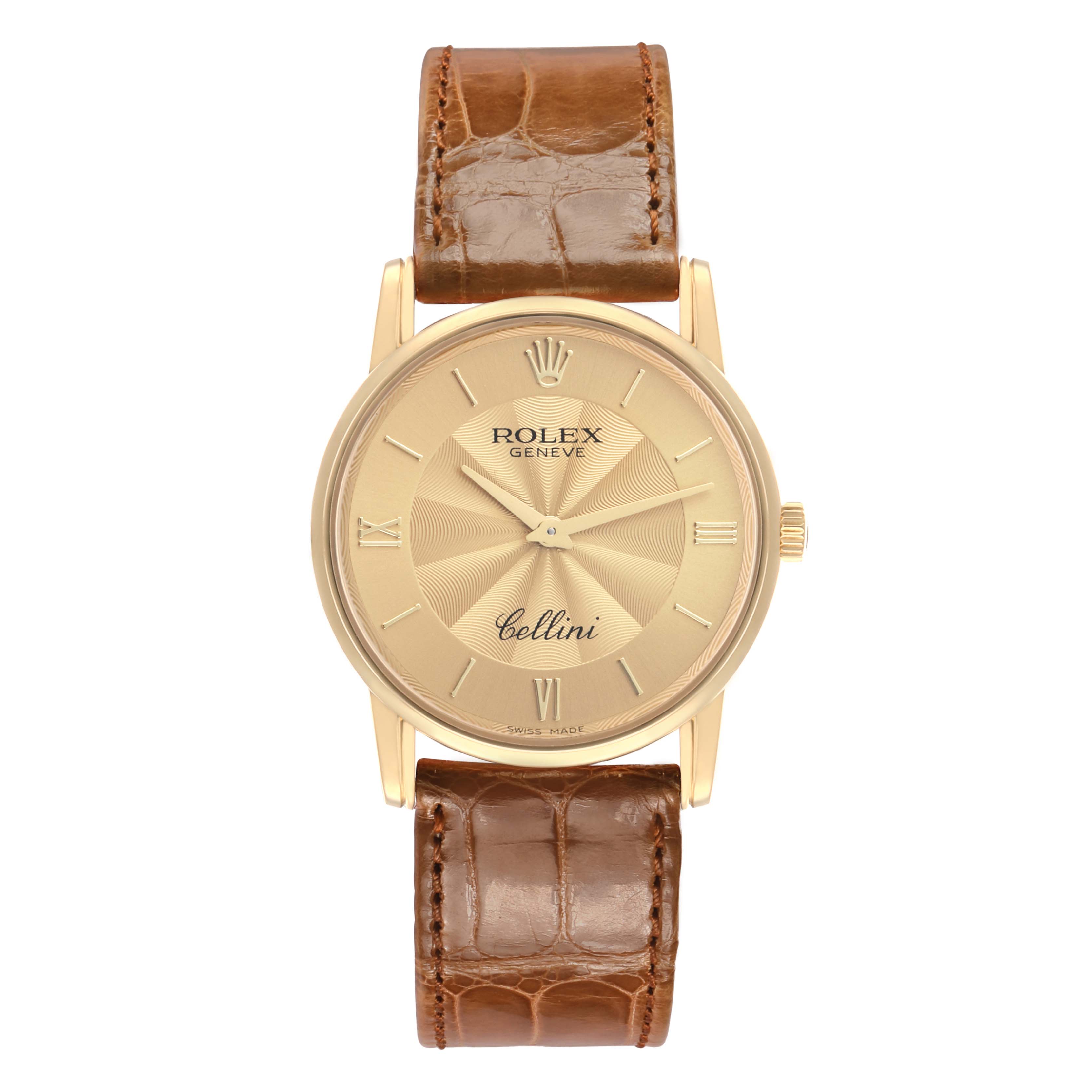 The Rolex Cellini 5116 Men's Yellow Gold Champagne Dial watch is shown from a front view, displaying its face, dial, and brown leather strap.