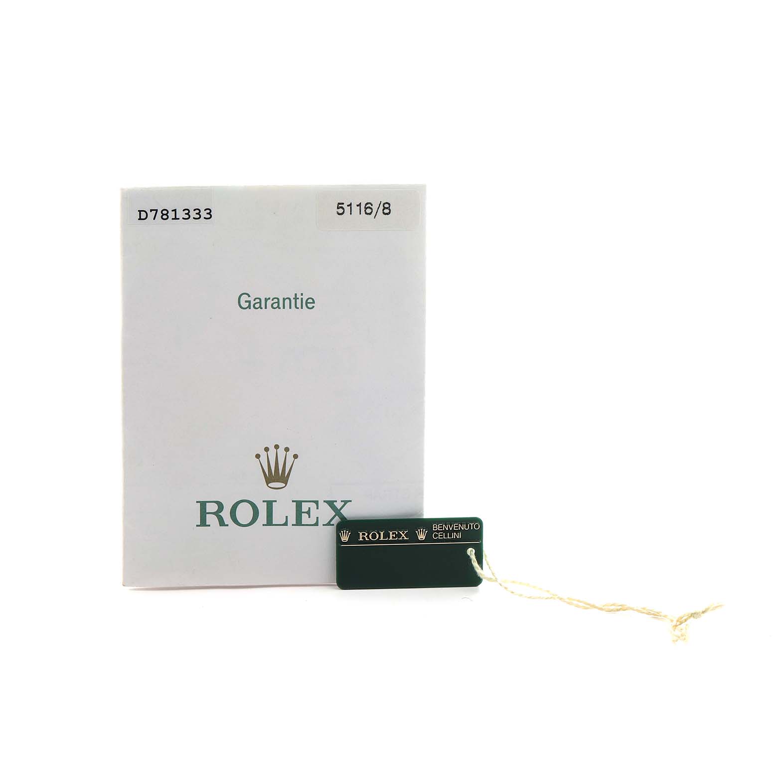 The image shows the warranty card folder and a tag for a Rolex Cellini 5116 Men's Yellow Gold Champagne Dial watch.