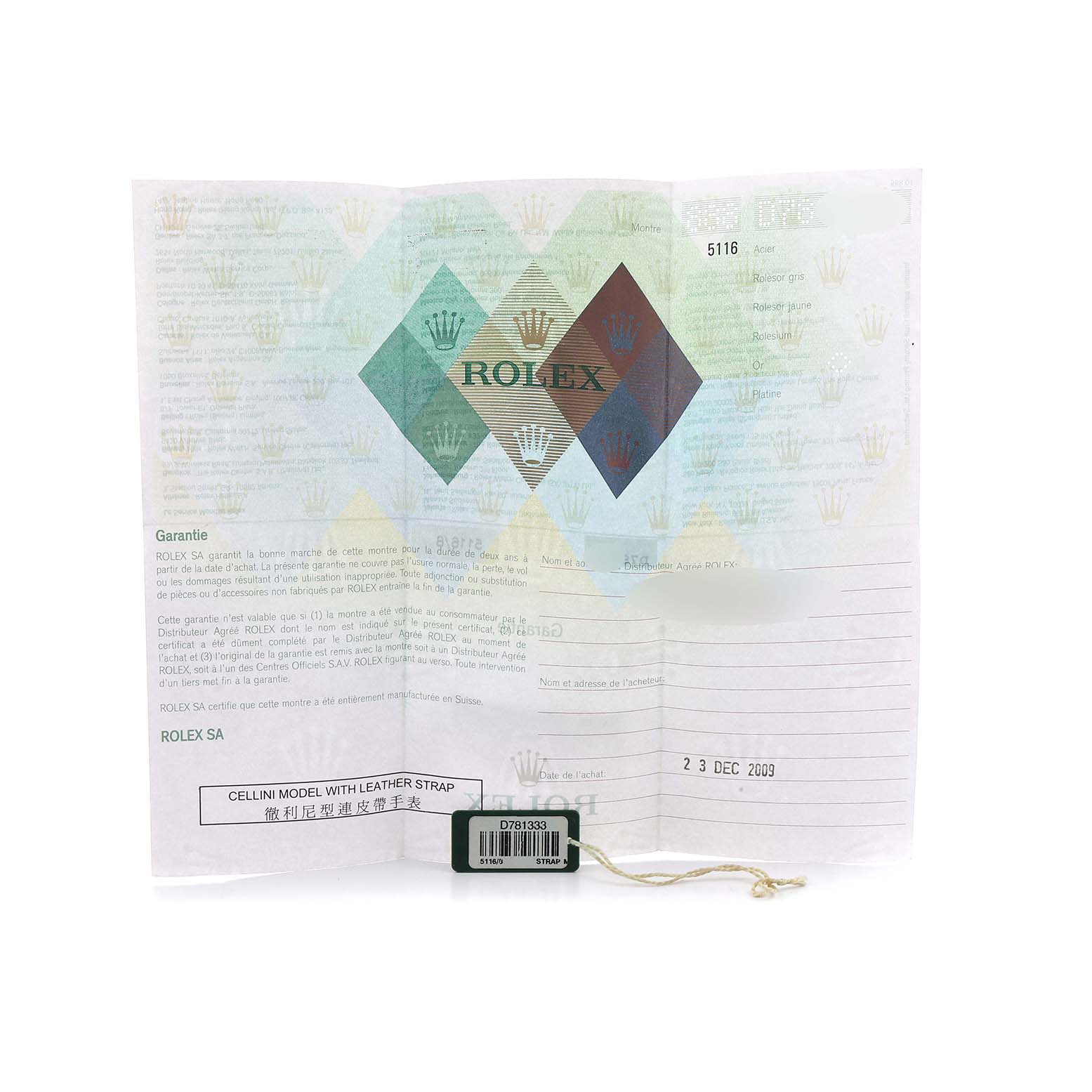 The image shows a warranty card and tag for the Rolex Cellini 5116 Men's Yellow Gold Champagne Dial model, featuring a close view of the paperwork and label.