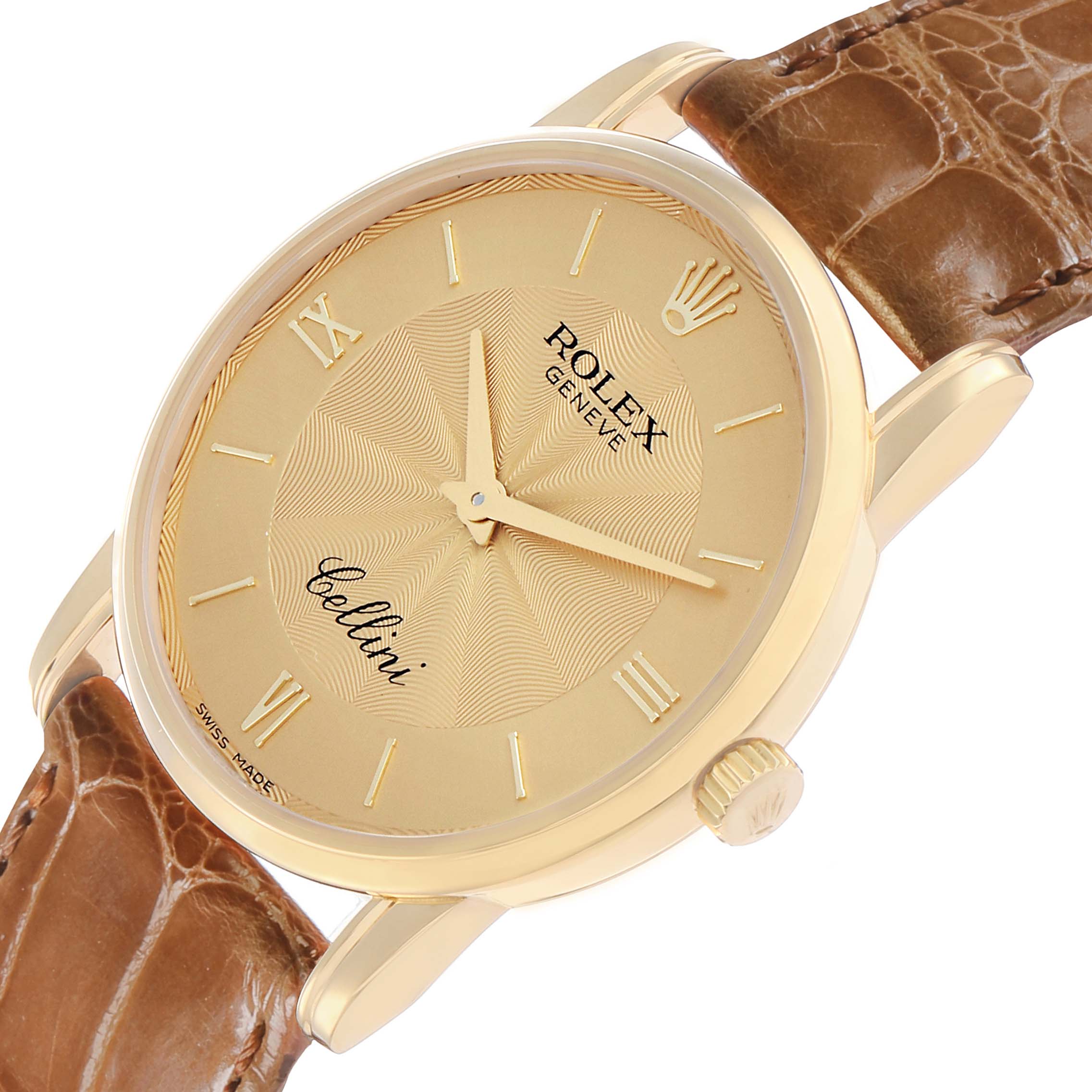 The Rolex Cellini 5116 Men's Yellow Gold Champagne Dial watch is shown at an angle highlighting the gold dial, hands, Roman numeral markers, and brown leather strap.