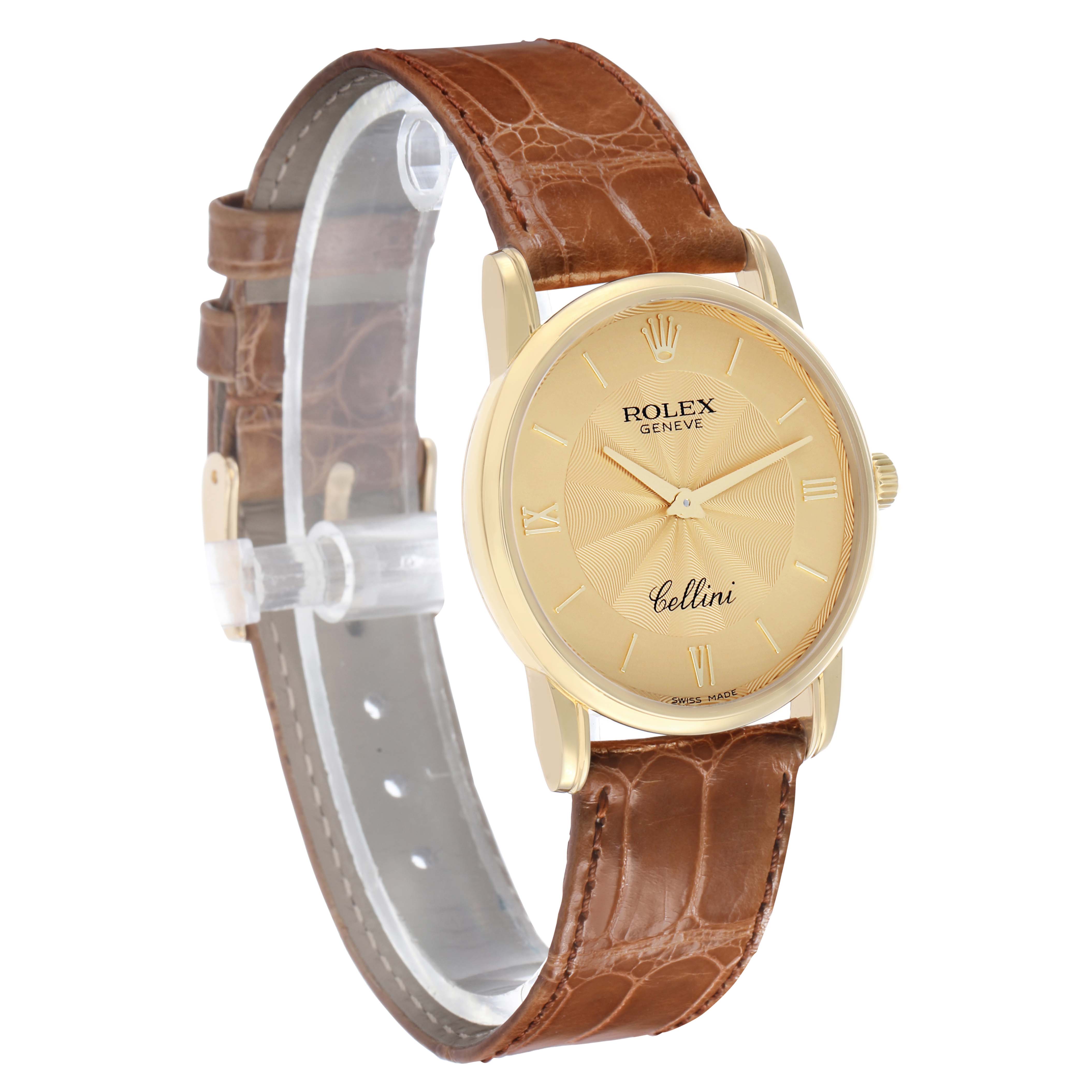 The Rolex Cellini 5116 Men's Yellow Gold Champagne Dial watch is shown at a three-quarter angle, displaying the face, case, and brown leather strap.