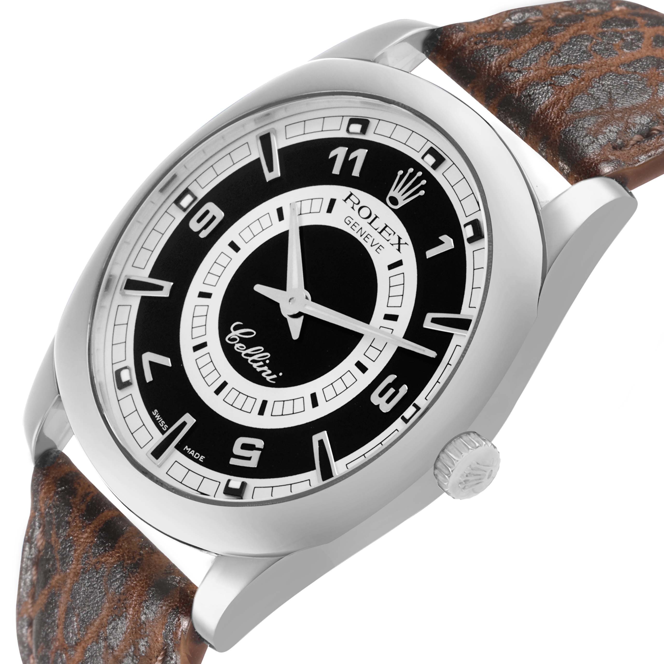 The Rolex Cellini 4243 Men's White Gold Black Dial watch is shown at a slight angle, displaying its dial, crown, and leather strap.