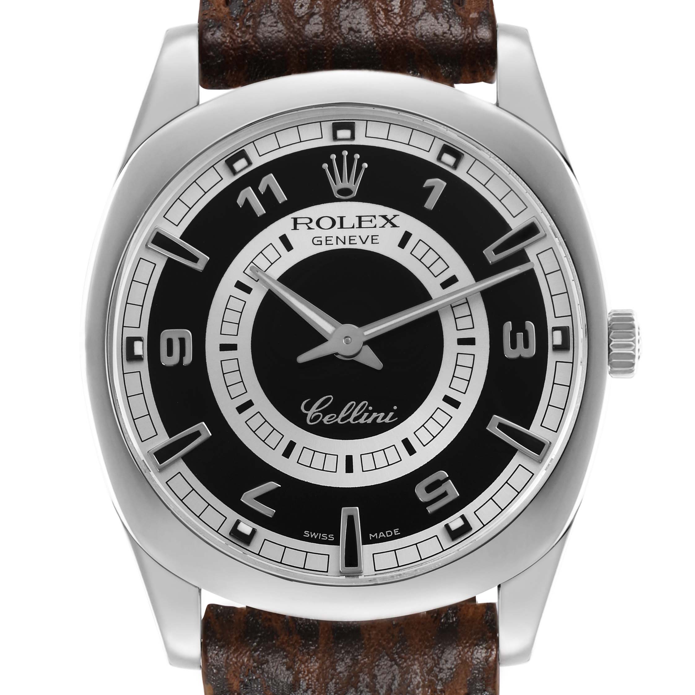 The Rolex Cellini 4243 Men's White Gold Black Dial watch is shown from the front, displaying its dial, hands, bezel, crown, and leather strap.