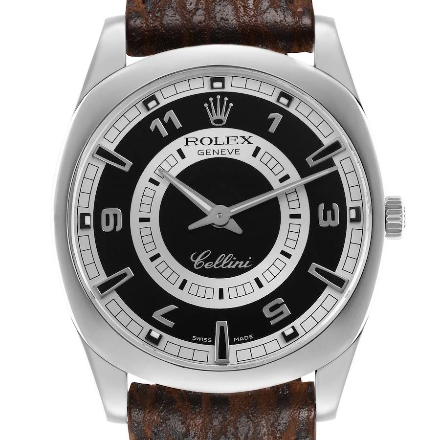 The Rolex Cellini 4243 Men's White Gold Black Dial watch is shown from the front, displaying its dial, hands, bezel, crown, and leather strap.
