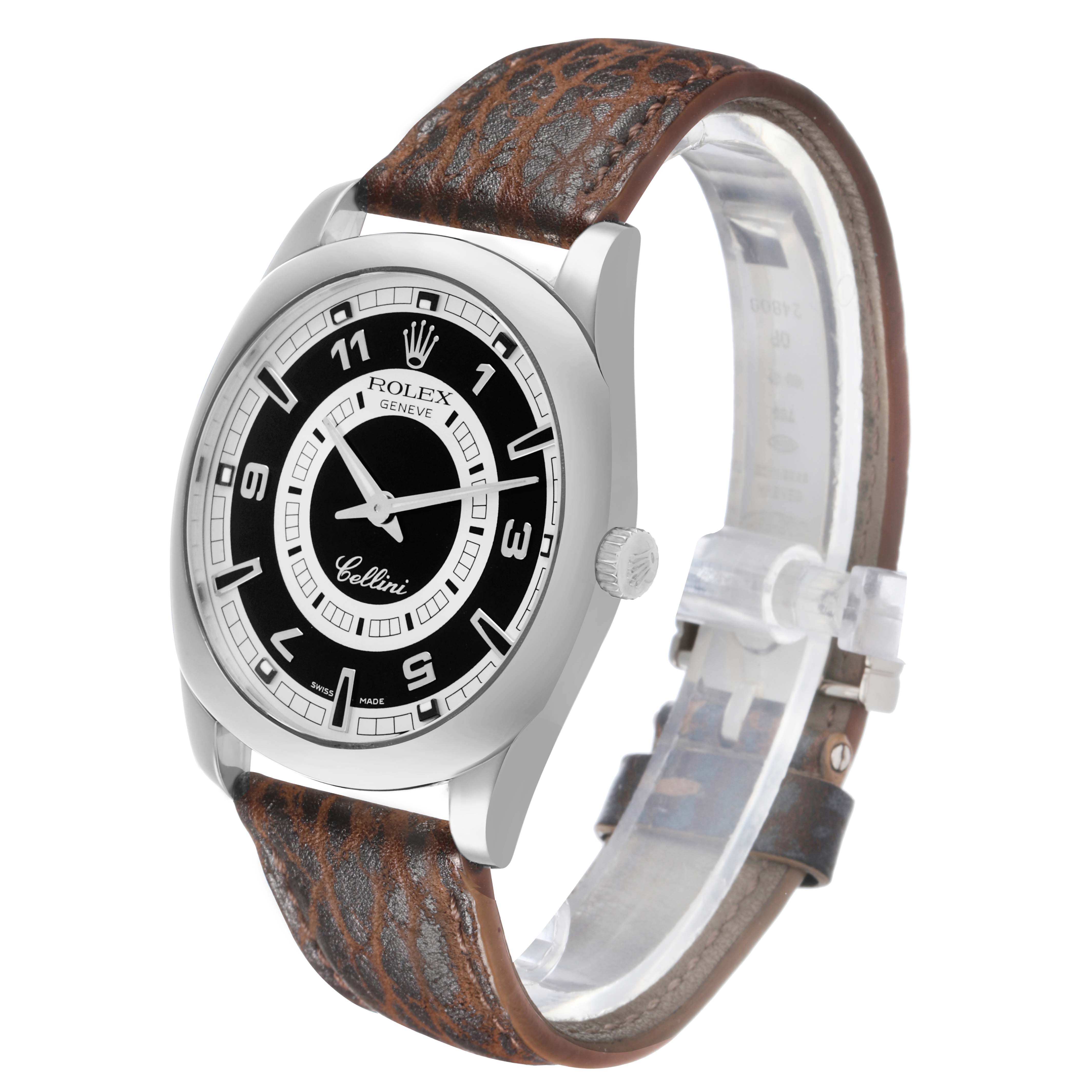 The Rolex Cellini 4243 Men's White Gold Black Dial watch is shown at a front angle displaying the face, crown, and leather strap.