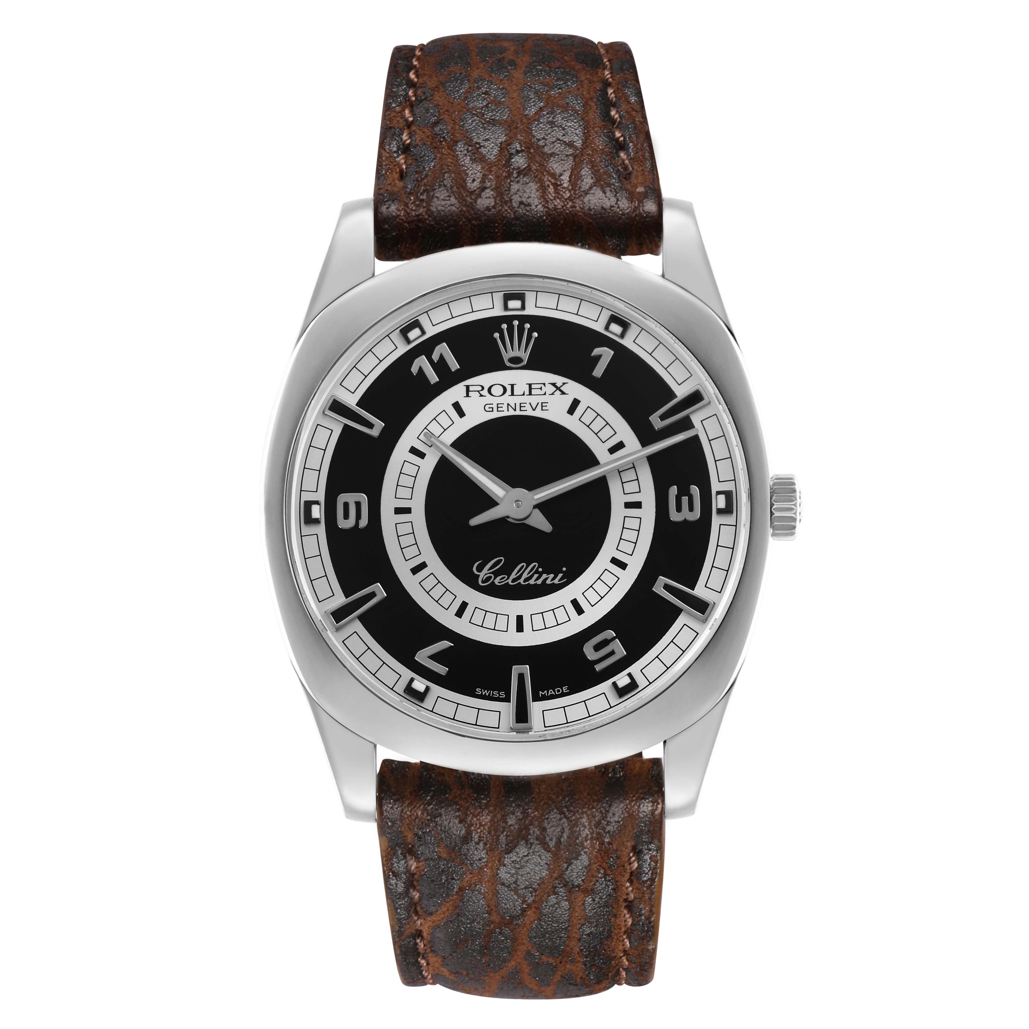 The Rolex Cellini 4243 Men's White Gold Black Dial watch is shown from the front, displaying the face, bezel, crown, and leather strap.