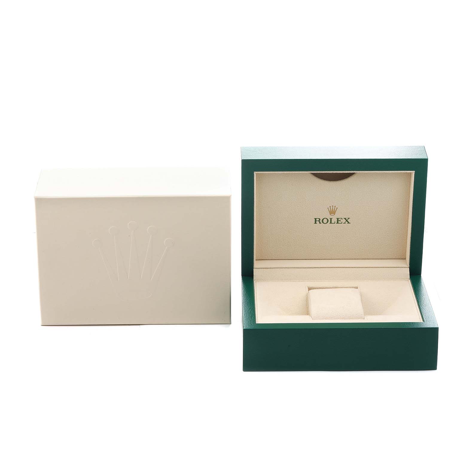 The image shows the open presentation box and outer box for the Rolex Cellini 4243 Men's White Gold Black Dial watch, featuring the Rolex logo.