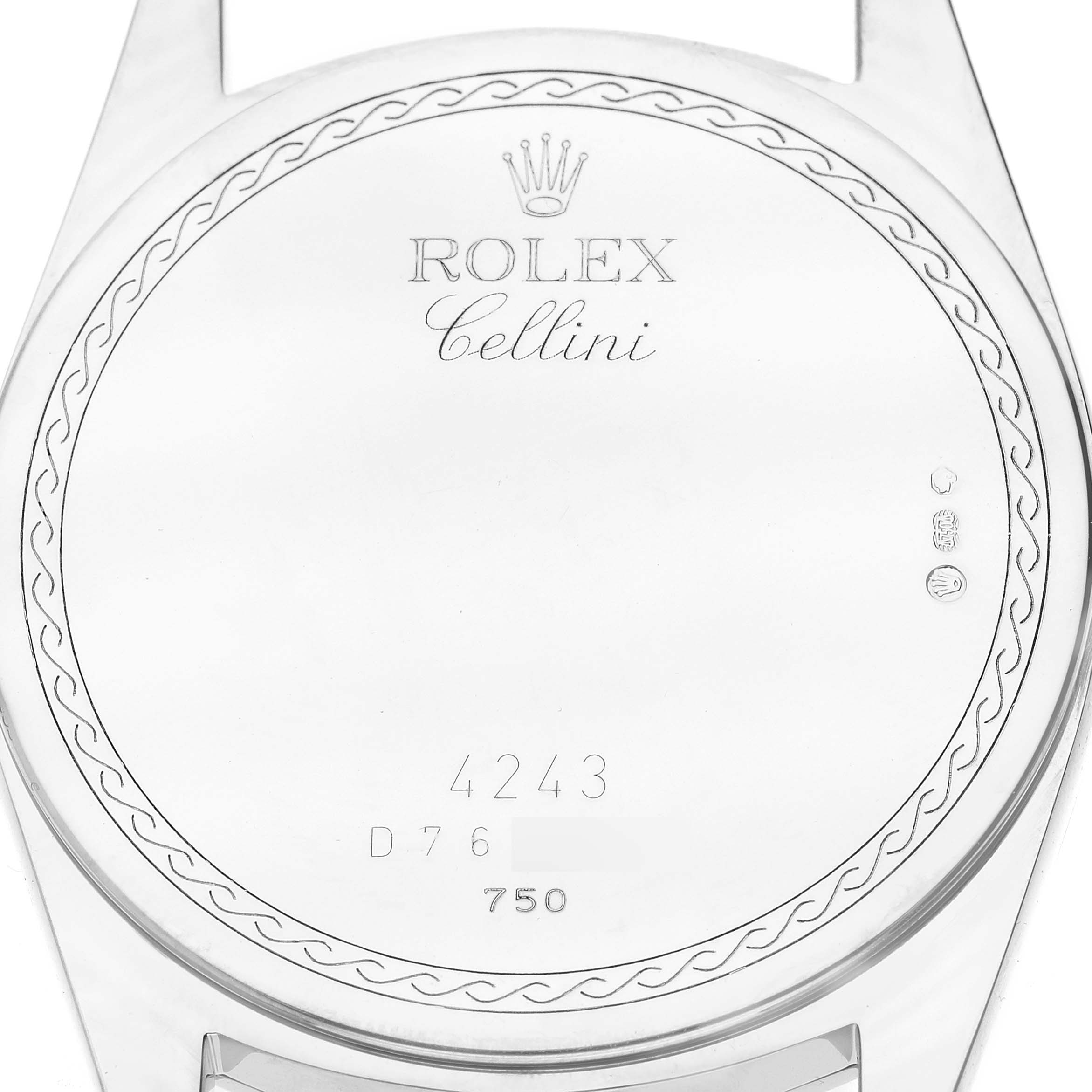 The image shows the back casing of a Rolex Cellini 4243 Men's White Gold Black Dial watch, featuring engraved branding and hallmarks.