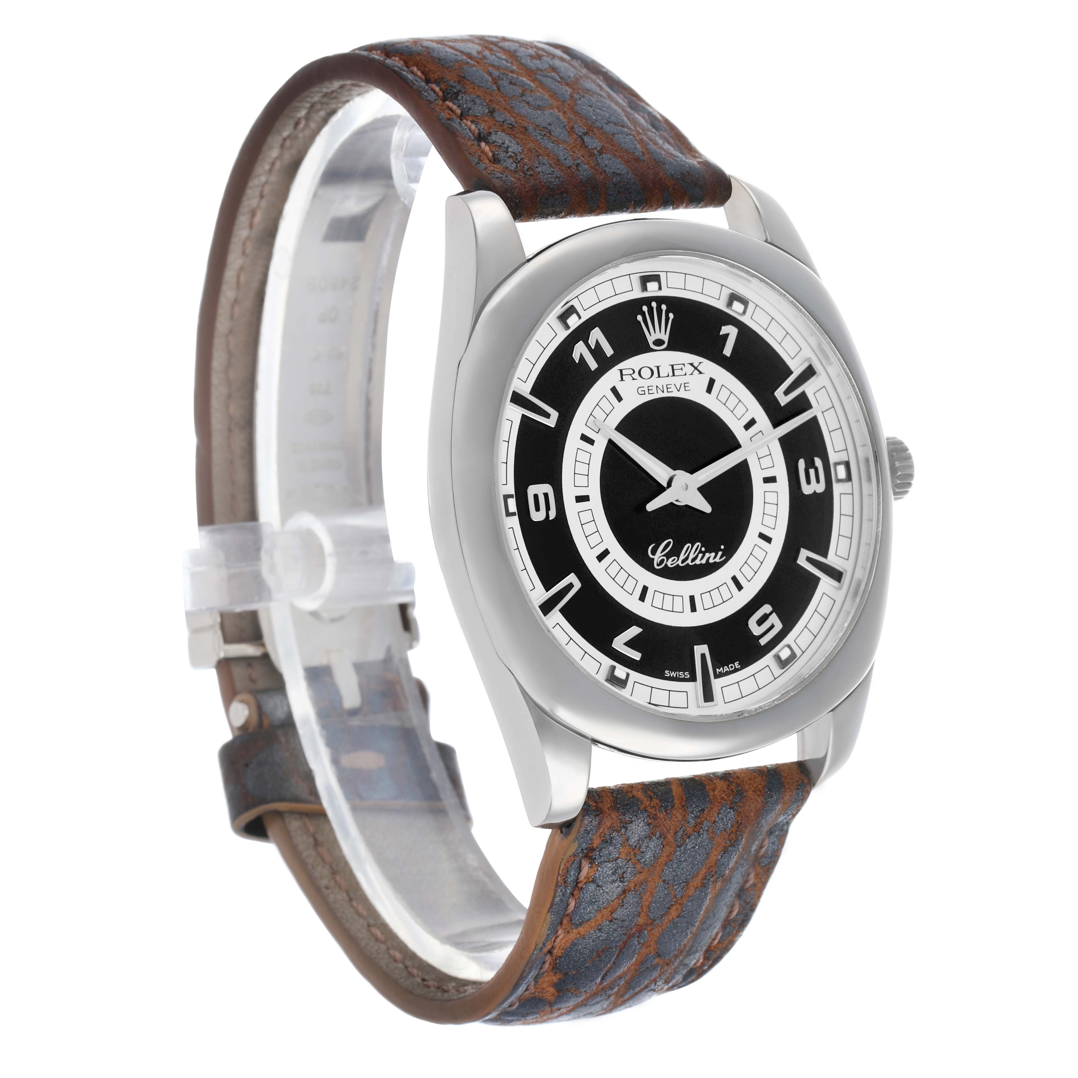 The Rolex Cellini 4243 Men's White Gold Black Dial watch is shown at a three-quarter angle, displaying the face, case, and part of the leather strap.