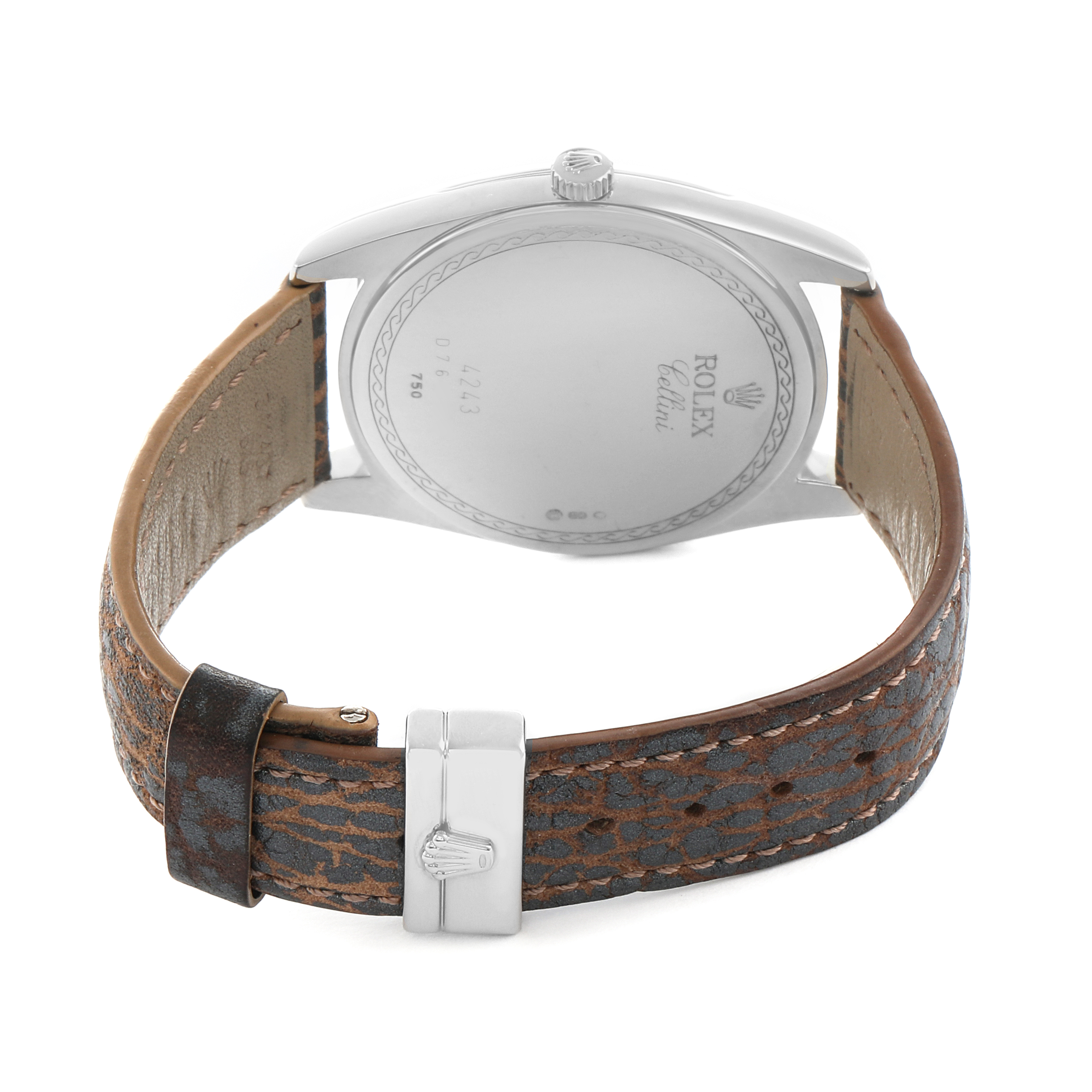 The image shows the back of a Rolex Cellini 4243 Men's White Gold Black Dial watch, highlighting the case back, leather strap, and clasp from a rear angle.