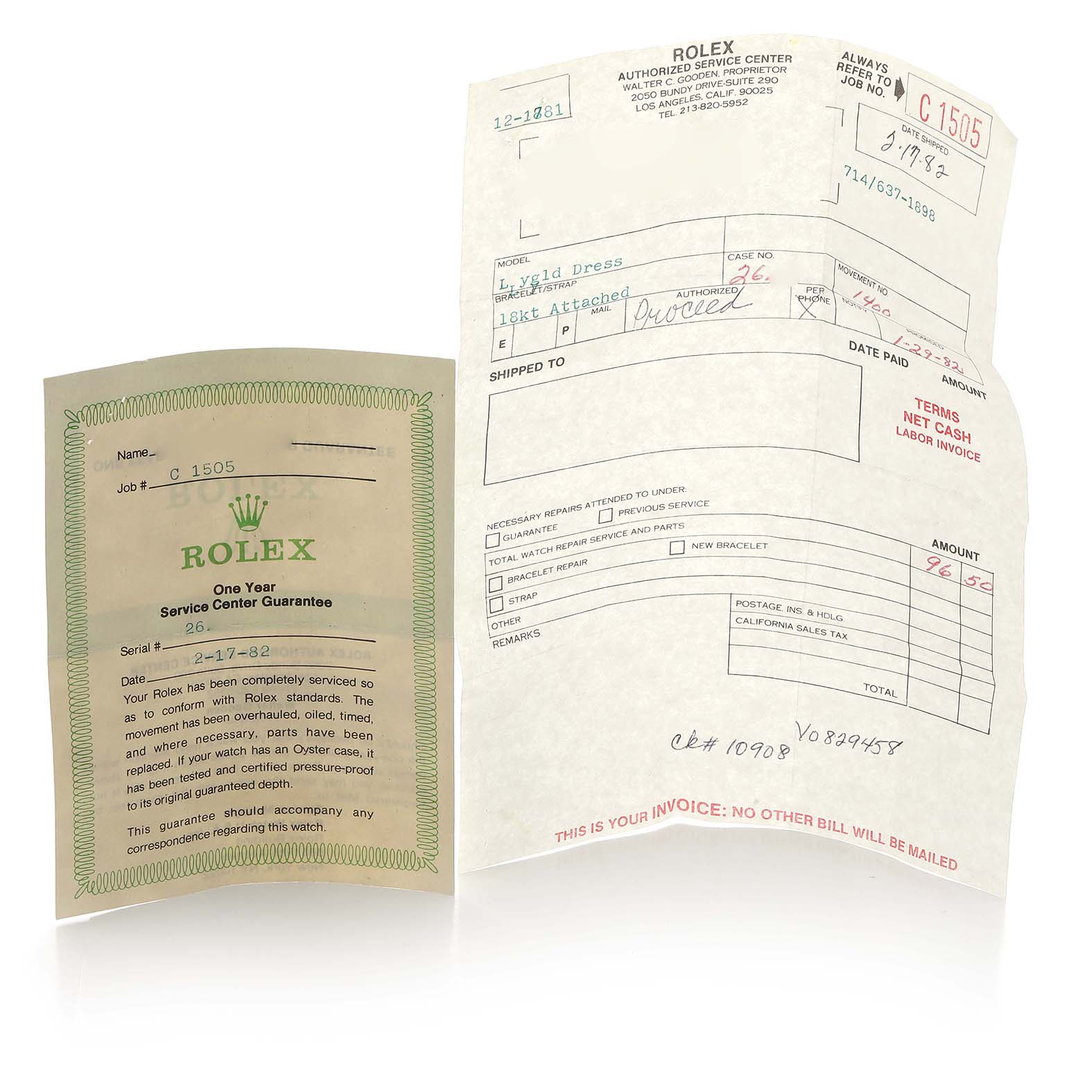 This image shows service documents for a Rolex Cocktail 8298 Women's Yellow Gold Silver Dial model, including a guarantee and invoice.