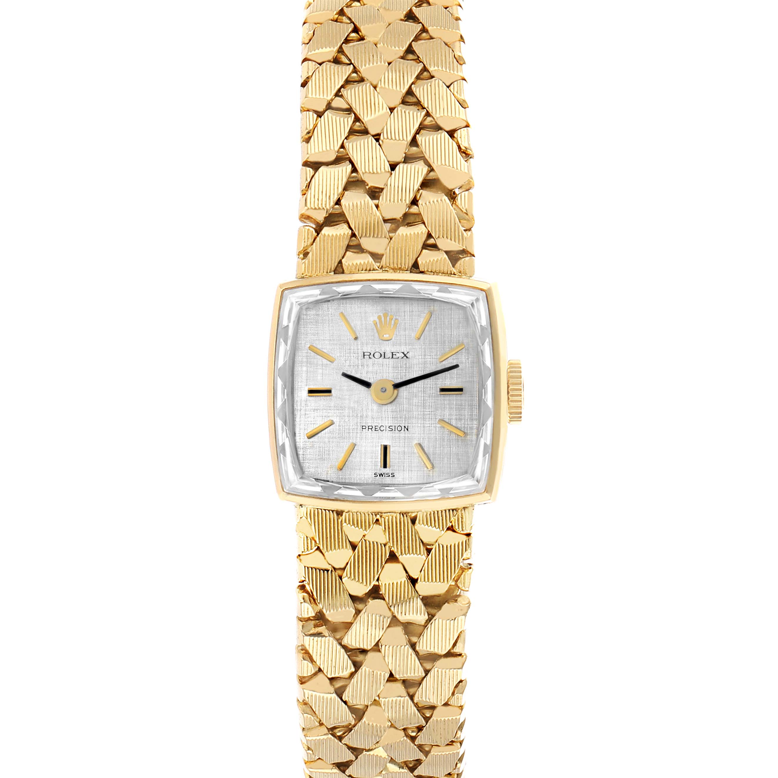 The Rolex Cocktail 8298 Women's Yellow Gold Silver Dial model is shown from a top view, featuring its gold case, textured dial, and detailed bracelet.