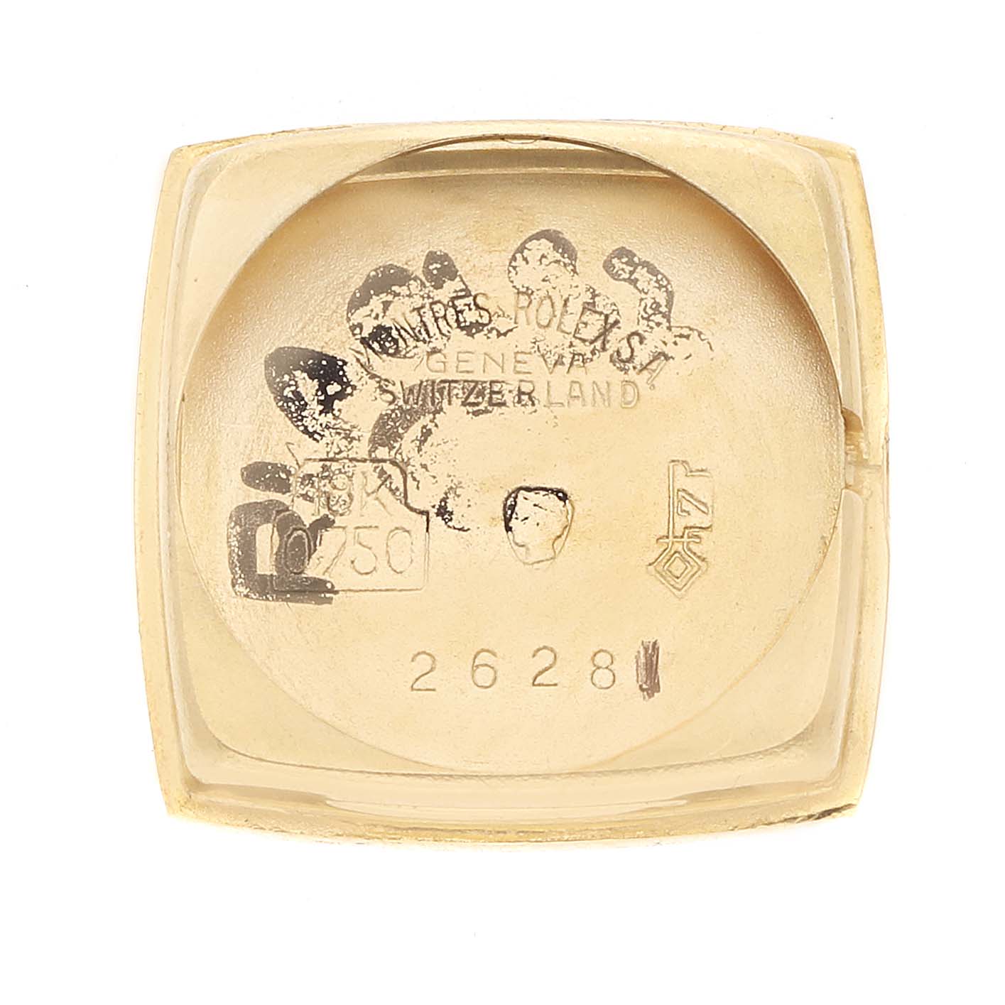 This is the inside view of the Rolex Cocktail 8298 Women's Yellow Gold Silver Dial model watch case back, showing engravings and hallmarks.