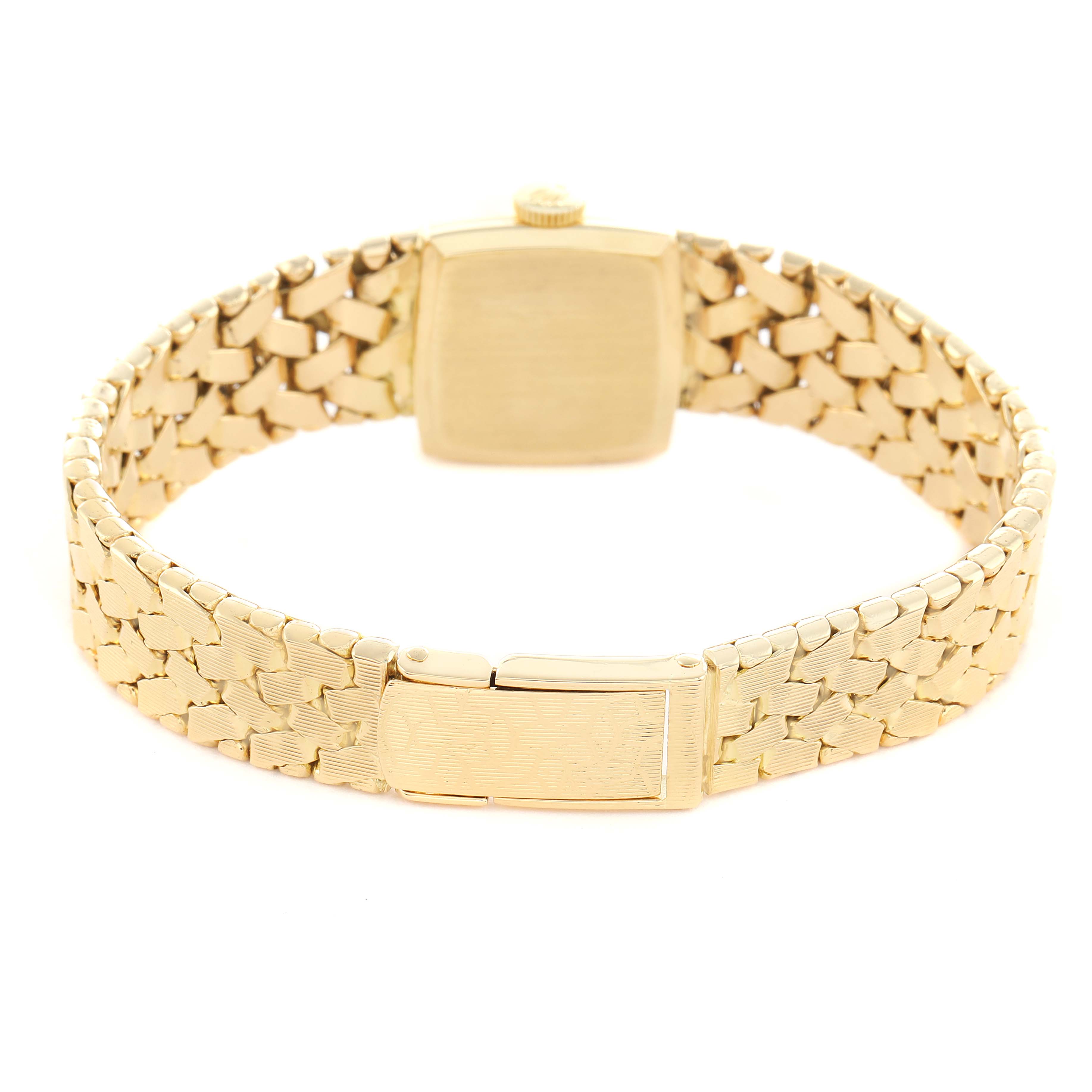 The image shows the back view of the Rolex Cocktail 8298 Women's Yellow Gold Silver Dial model, highlighting the clasp and the bracelet design.