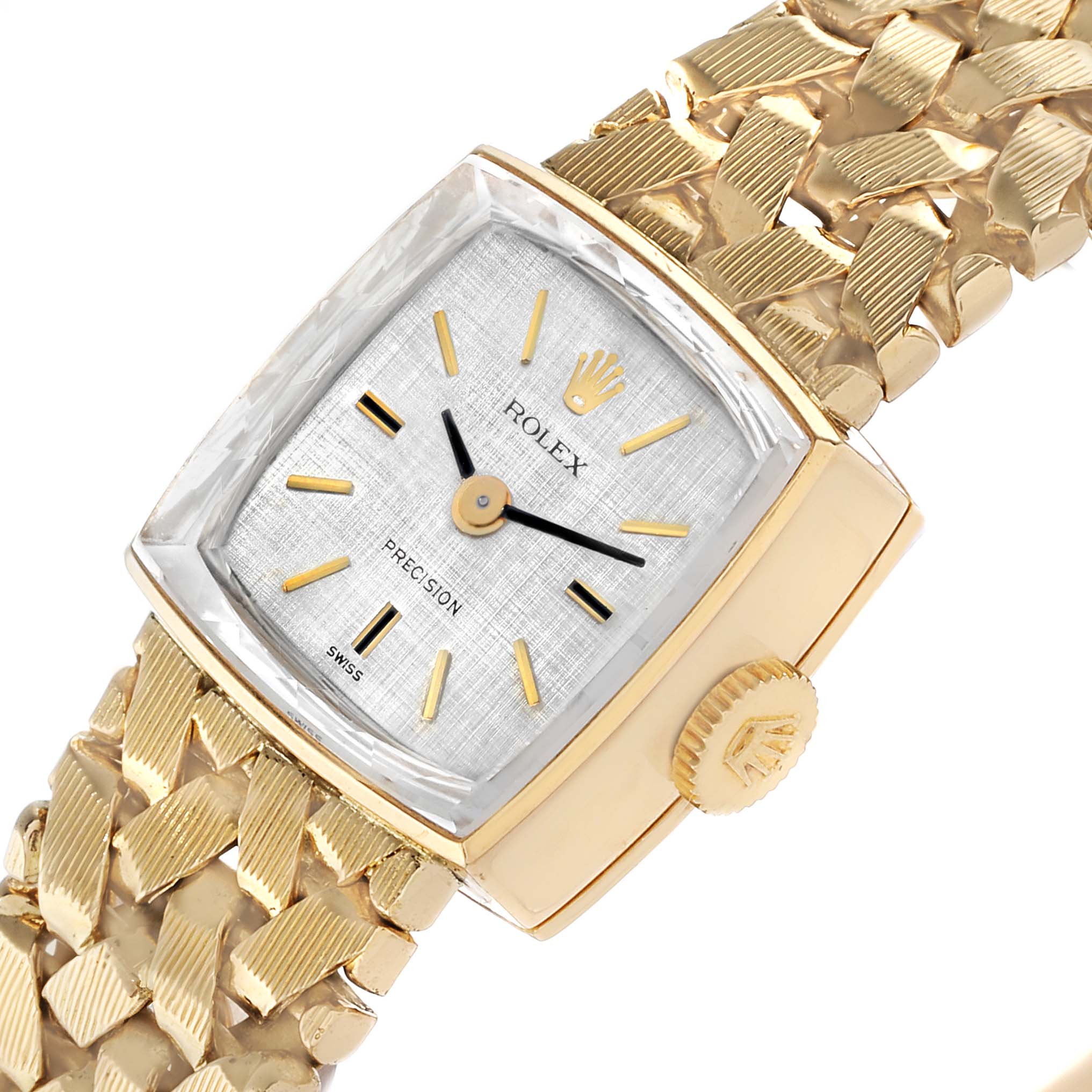 The image shows a Rolex Cocktail 8298 Women's Yellow Gold Silver Dial model watch at an angled close-up, highlighting the dial, bezel, crown, and textured bracelet.