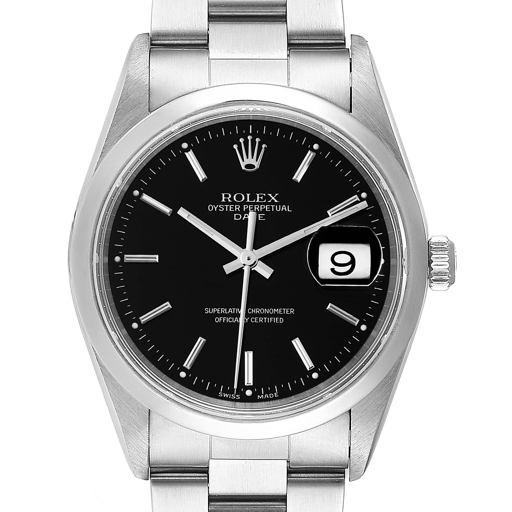 This image shows the Rolex Date 15200 Men's Stainless Steel Black Dial 15200 Men's Stainless Steel Black Dial model watch from a front angle, highlighting its black dial, date function, and bracelet.