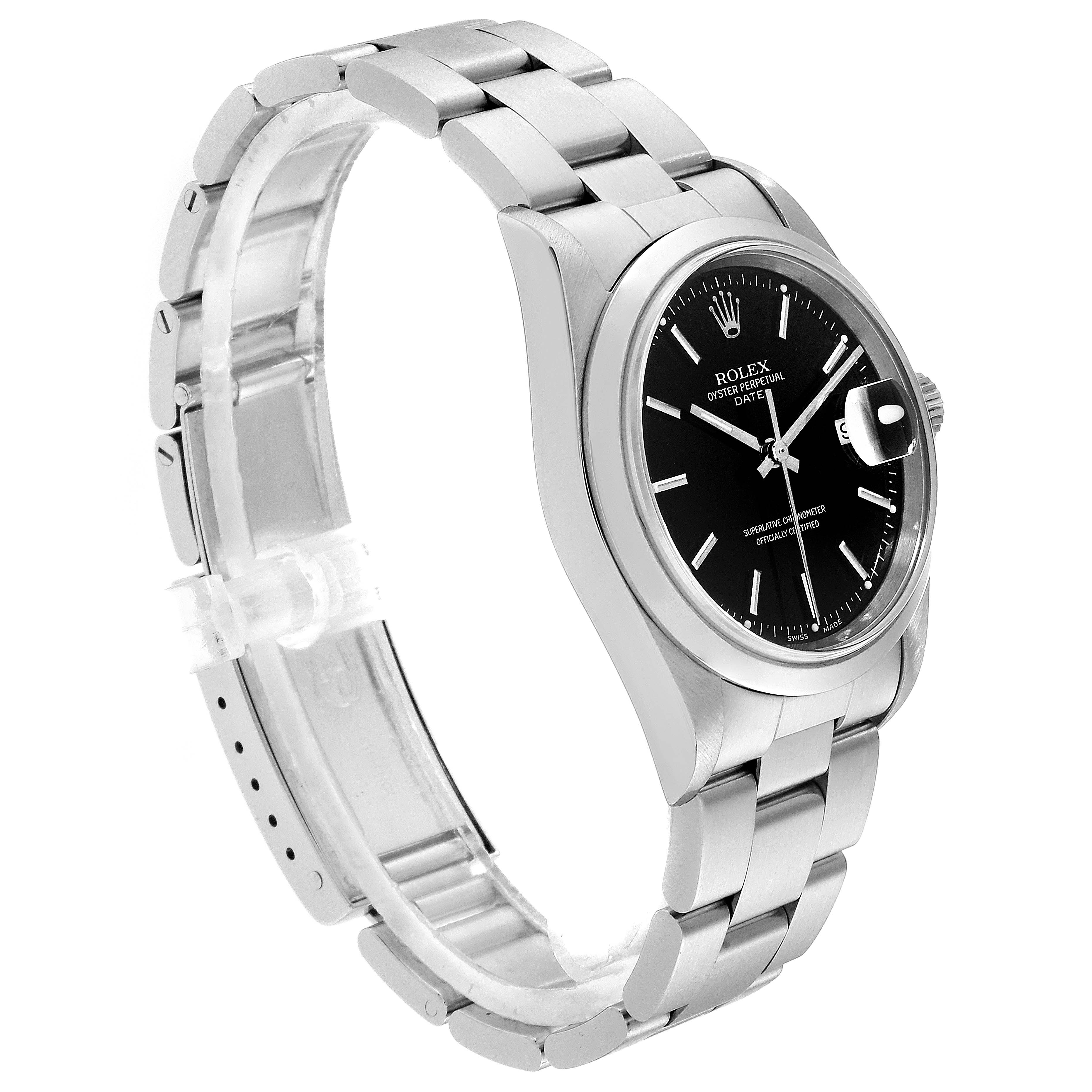 The image shows a Rolex Date 15200 Men's Stainless Steel Black Dial 15200 Men's Stainless Steel Black Dial model watch at an angled side view, highlighting the bracelet, case, and black dial.