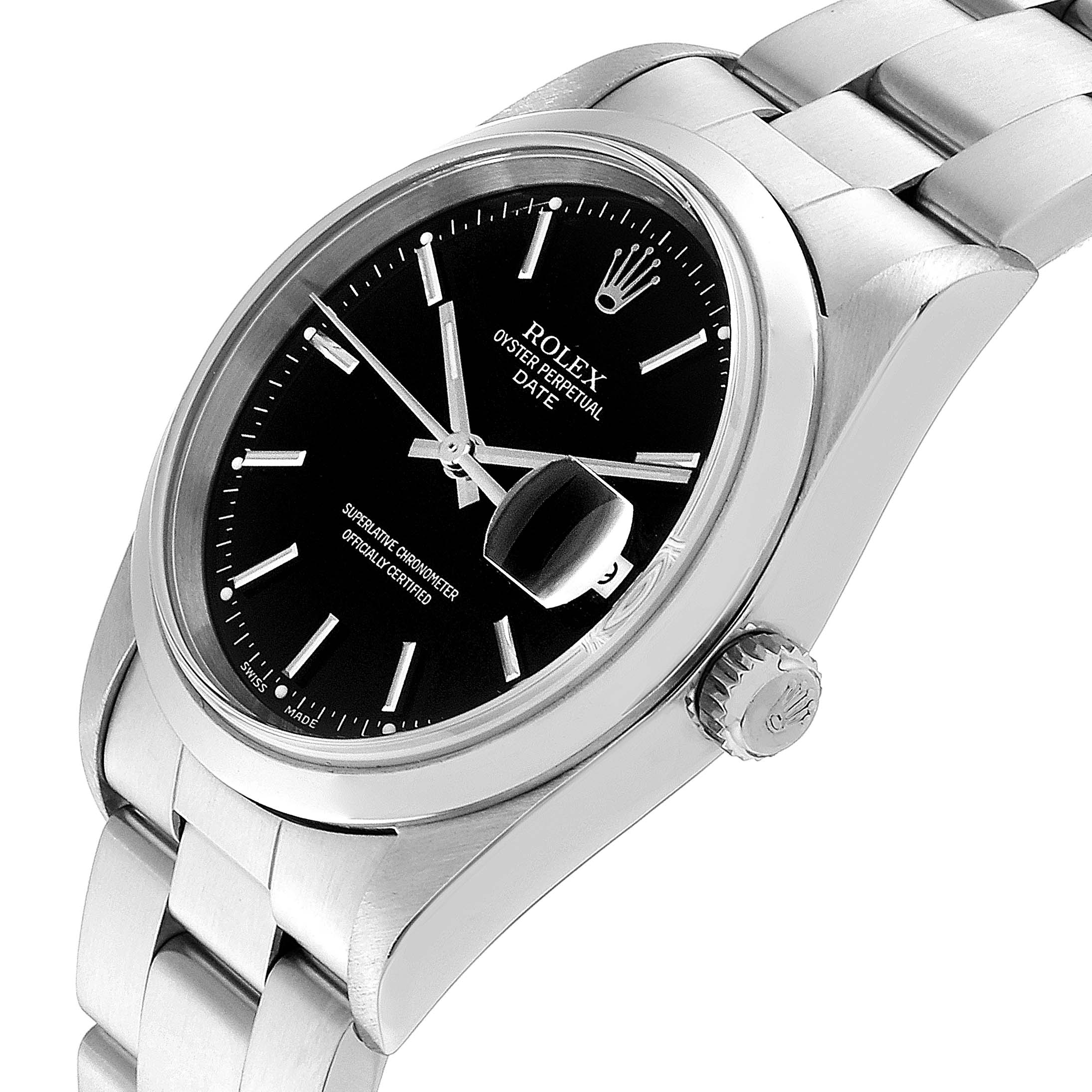 The image shows a close-up, angled view of the Rolex Date 15200 Men's Stainless Steel Black Dial 15200 Men's Stainless Steel Black Dial model, highlighting the watch face, bezel, crown, and part of the bracelet.