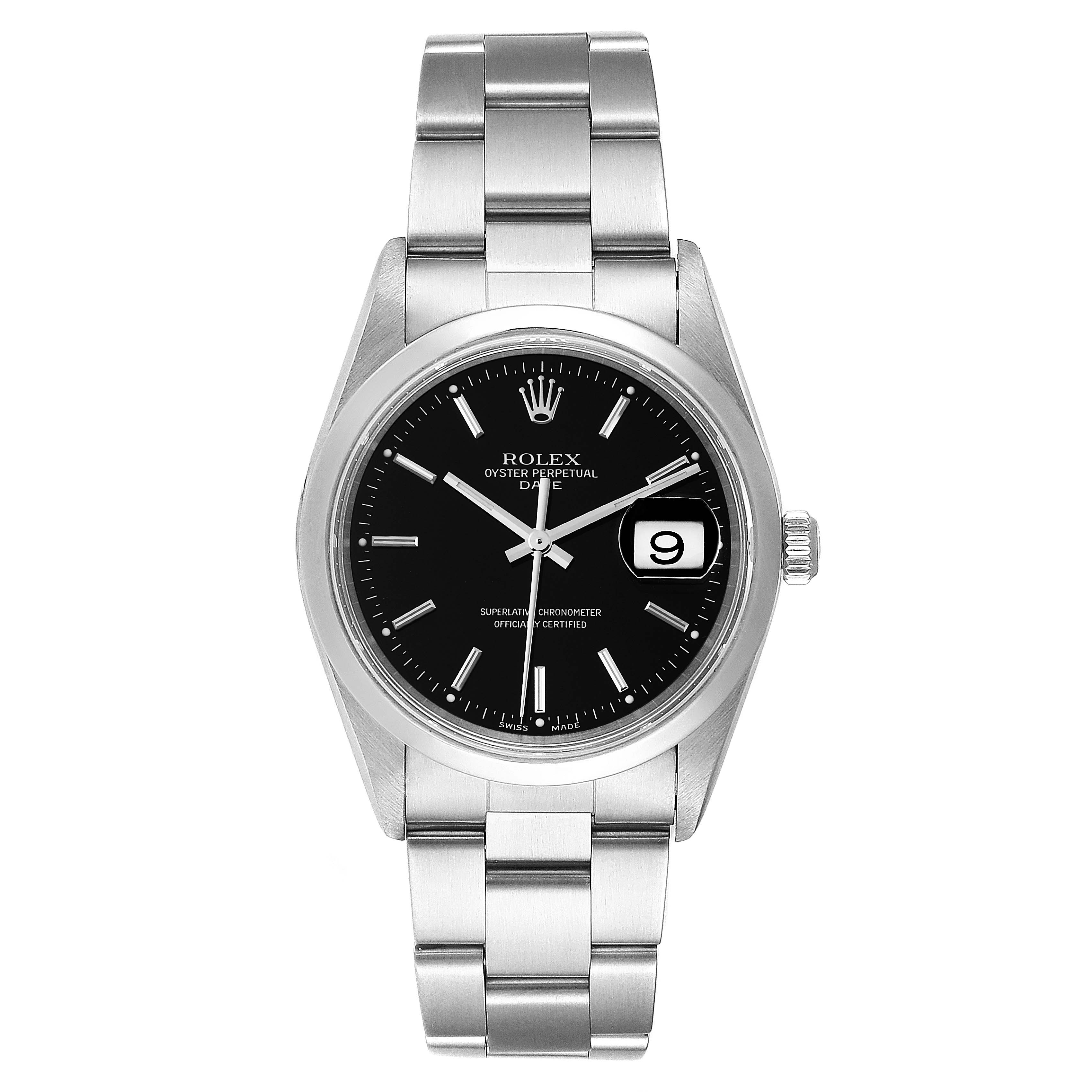 The image shows a front view of a Rolex Date 15200 Men's Stainless Steel Black Dial 15200 Men's Stainless Steel Black Dial model watch, featuring its dial, hour markers, hands, date window, and bracelet.