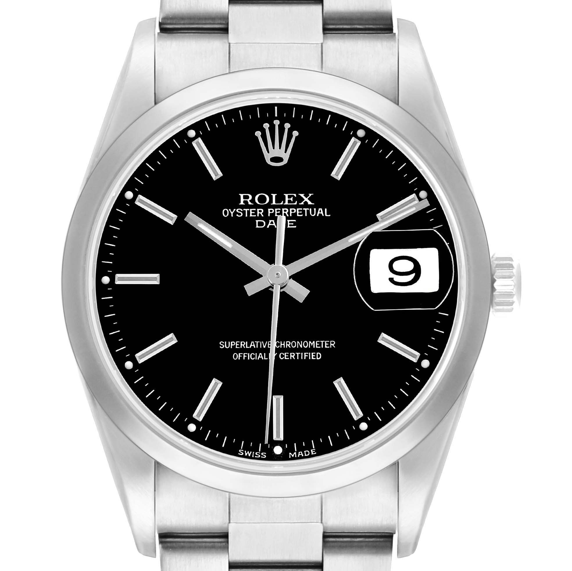 The Rolex Date 15200 Men's Stainless Steel Black Dial watch is shown head-on, displaying its black dial, date window, and silver bracelet.