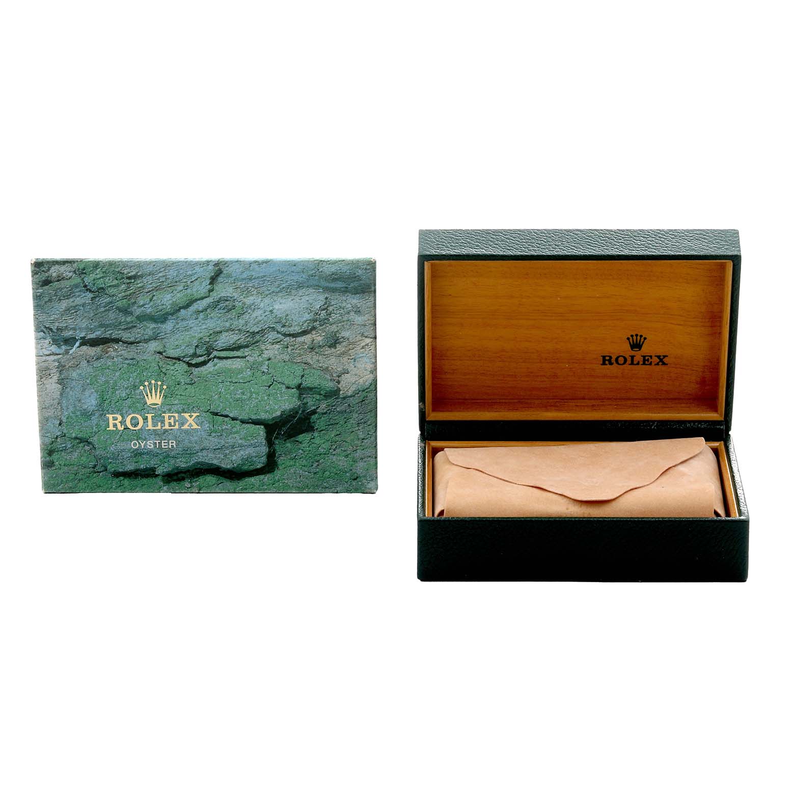 The image shows a Rolex Date 15200 Men's Stainless Steel Black Dial model box and packaging, including a textured outer box and an open wooden inner box.