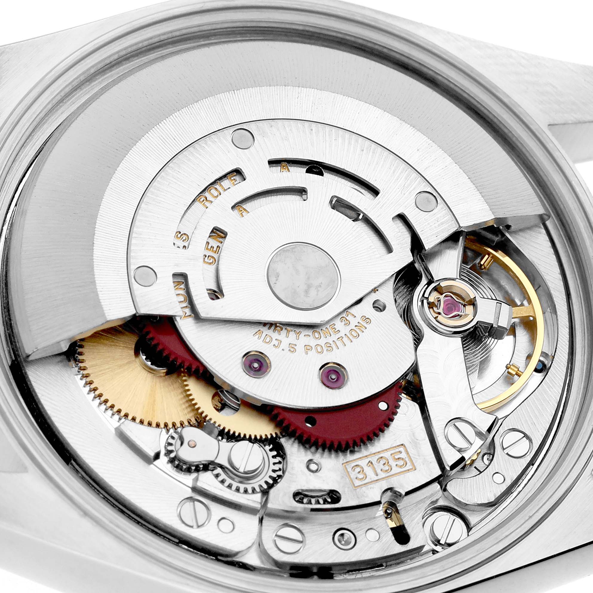 The image shows a detailed view of the Rolex Date 15200 Men's Stainless Steel Black Dial model movement, highlighting gears, rotor, and jewels.