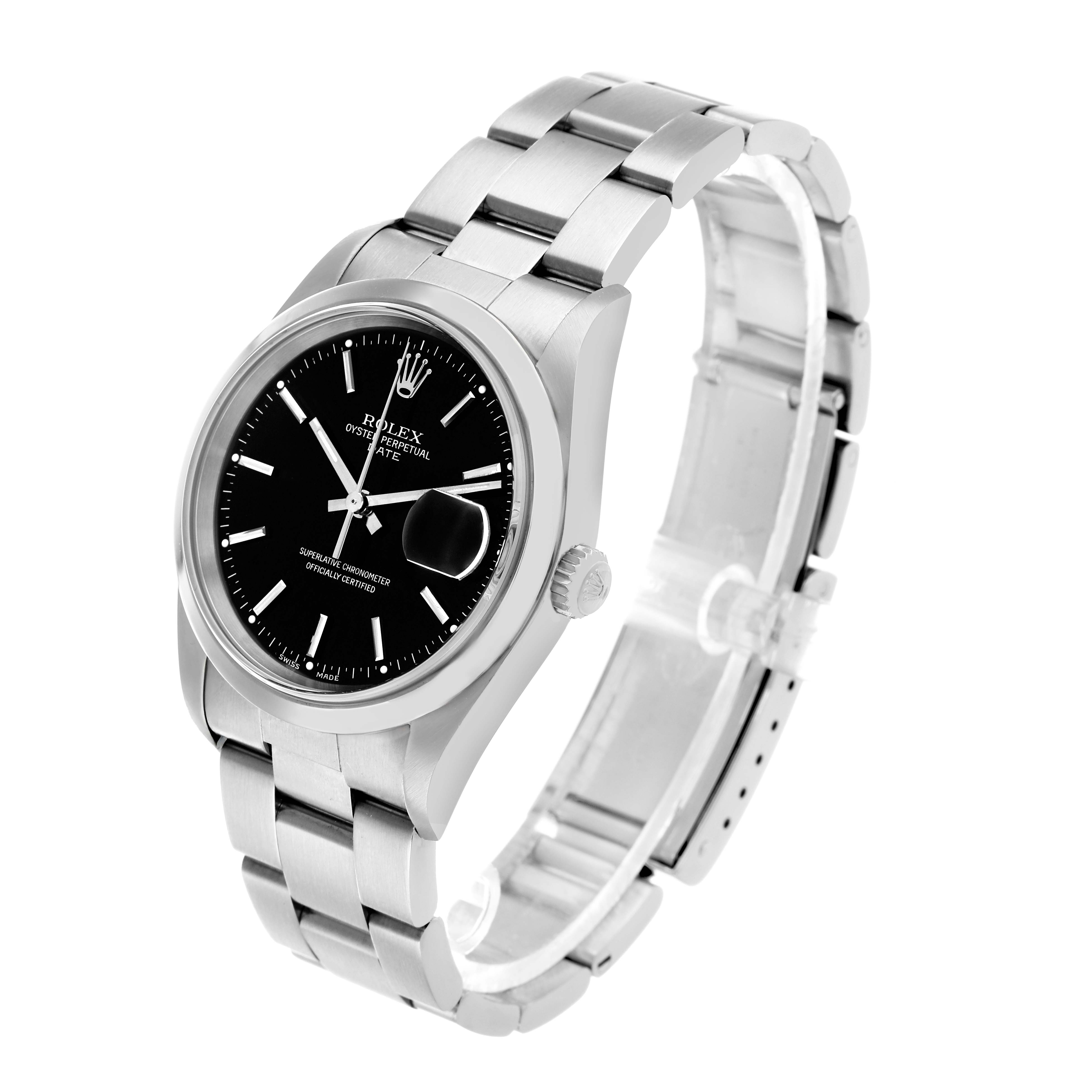 The Rolex Date 15200 Men's Stainless Steel Black Dial watch is shown at a three-quarter angle, displaying its face, bezel, crown, and bracelet clearly.