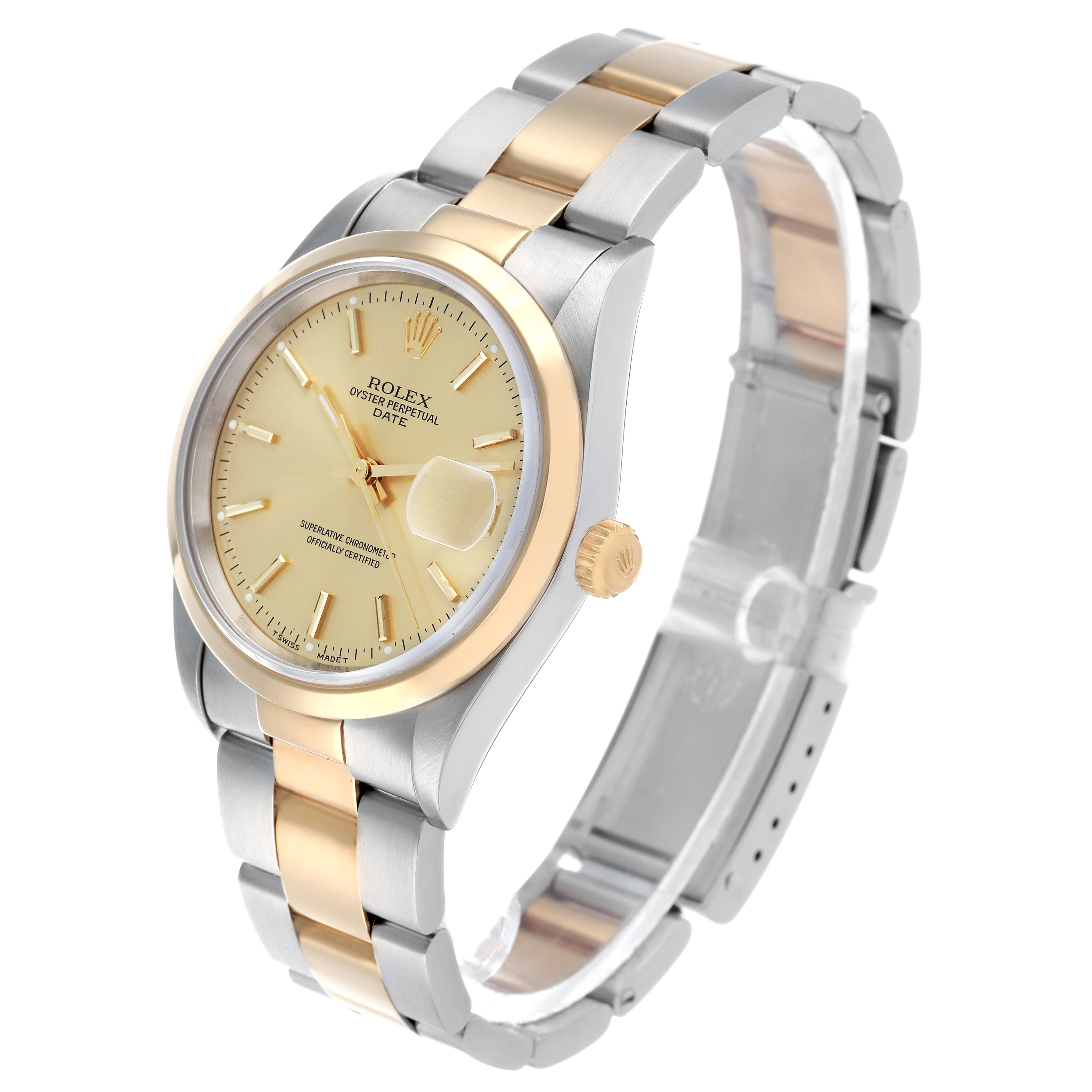 The Rolex Date 15203 Men's Steel and Gold (two tone) Champagne Dial watch is shown at a three-quarter angle, highlighting the dial, bezel, crown, and part of the bracelet.