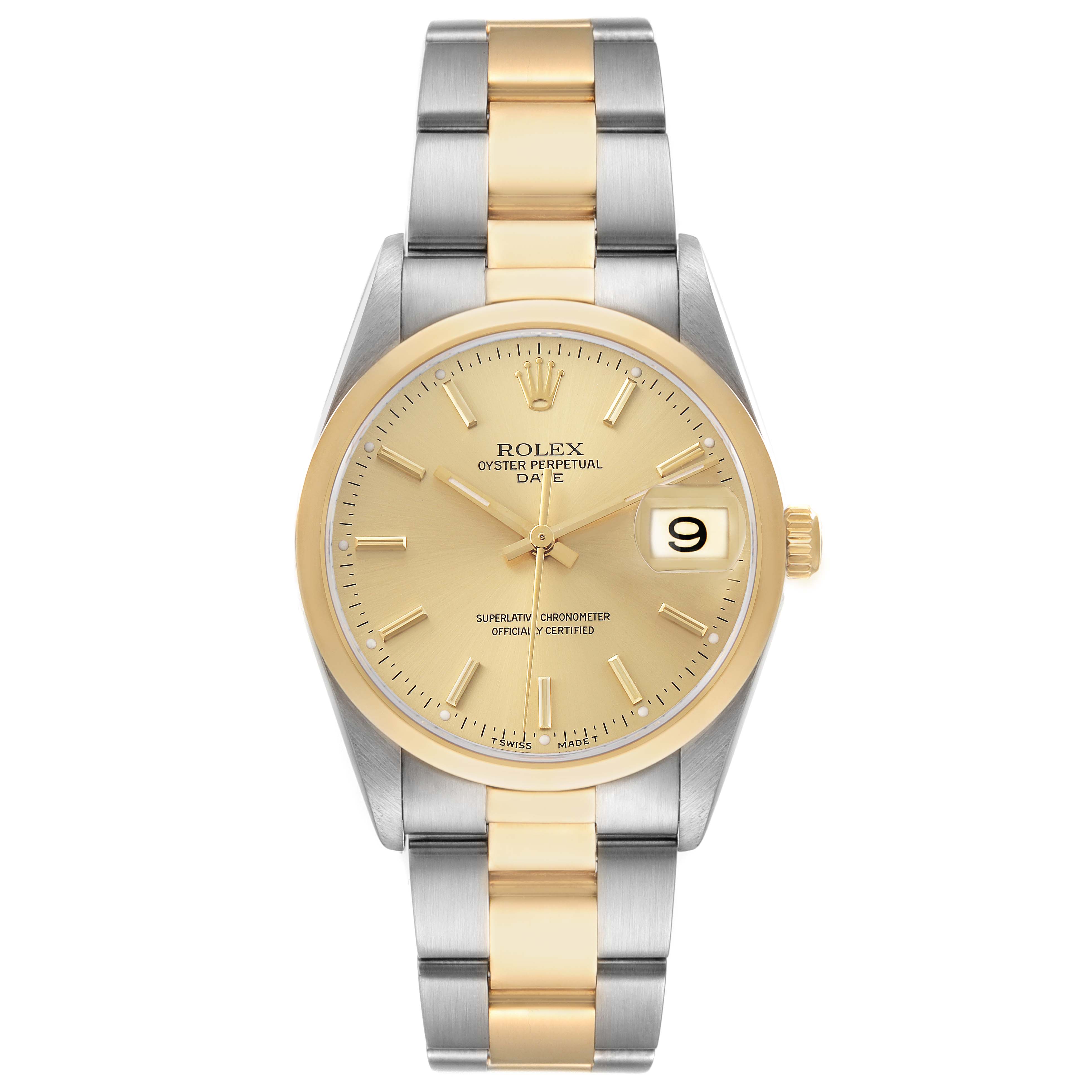 The Rolex Date 15203 Men's Steel and Gold (two tone) Champagne Dial model is shown from a top-down angle, highlighting its two-tone bracelet and gold dial with a date window.