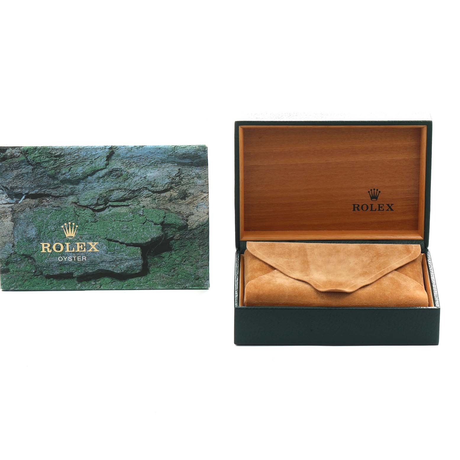 The Rolex Date 15203 Men's Steel and Gold (two tone) Champagne Dial watch accessories shown include an open wooden box and a green textured outer box with the Rolex logo.
