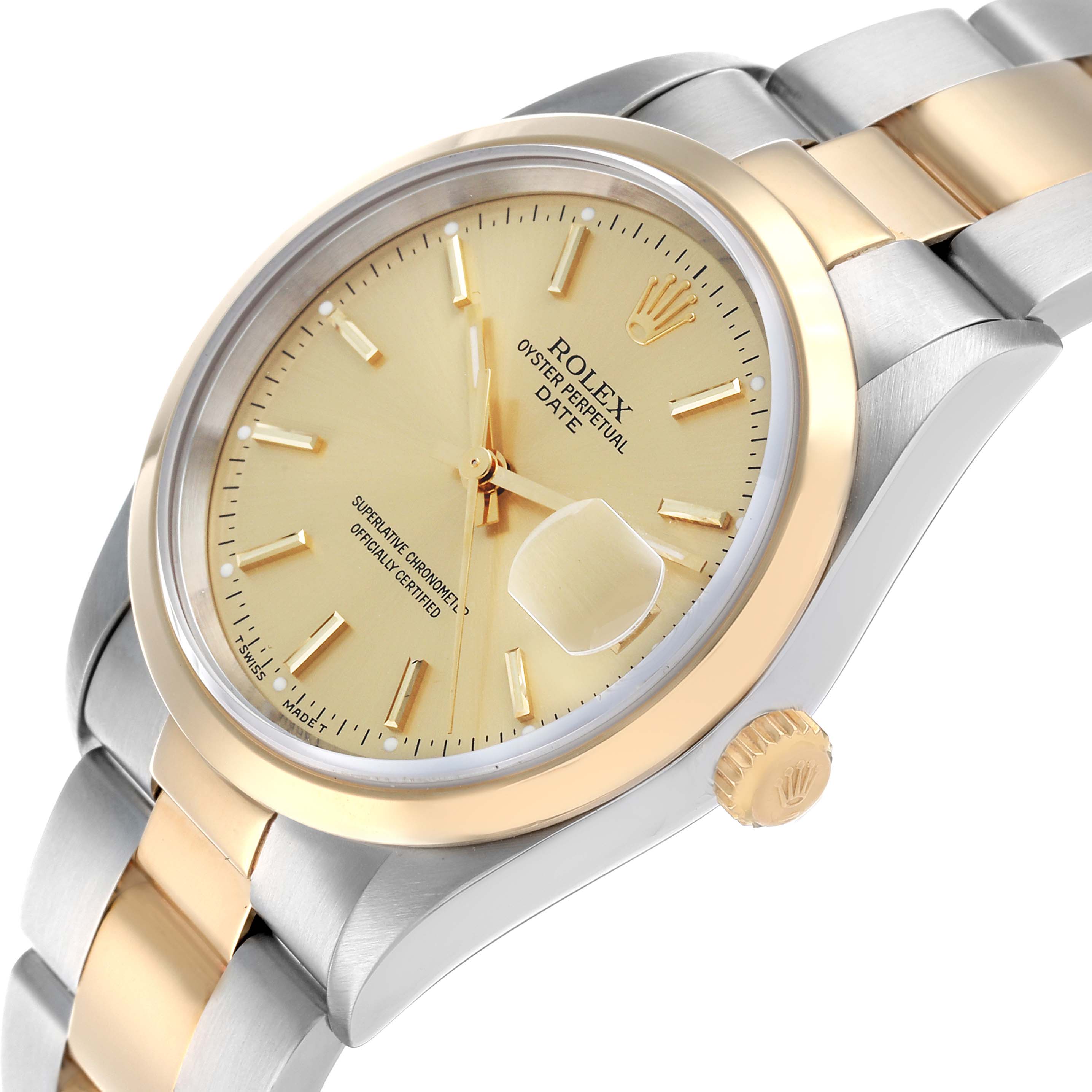 The Rolex Date 15203 Men's Steel and Gold (two tone) Champagne Dial watch is shown at an angled side view, highlighting the dial, crown, and two-tone bracelet.