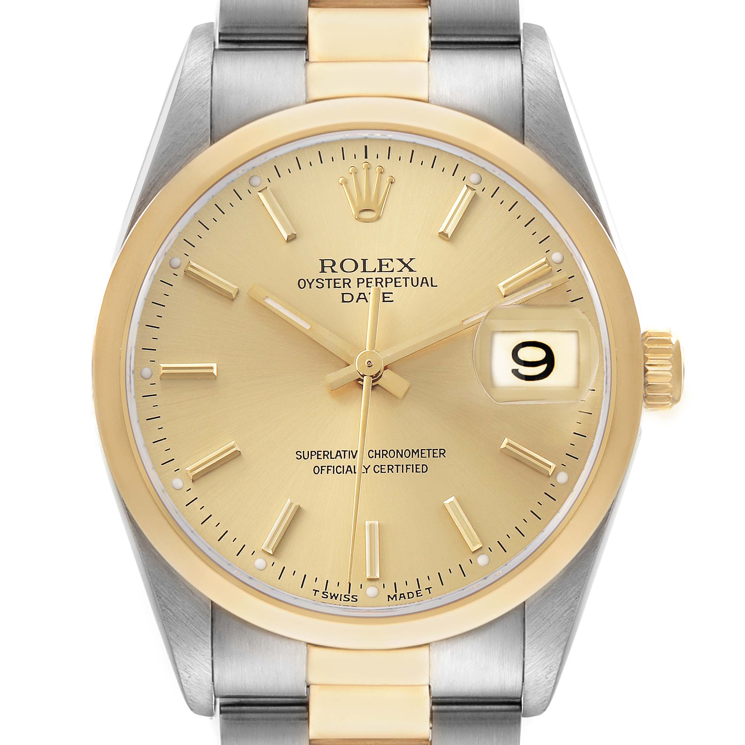 The Rolex Date 15203 Men's Steel and Gold (two tone) Champagne Dial watch is shown from a front angle, displaying the dial, bezel, and part of the bracelet.