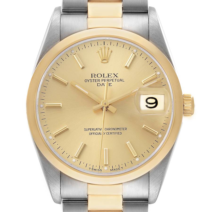 The Rolex Date 15203 Men's Steel and Gold (two tone) Champagne Dial watch is shown from a front angle, displaying the dial, bezel, and part of the bracelet.