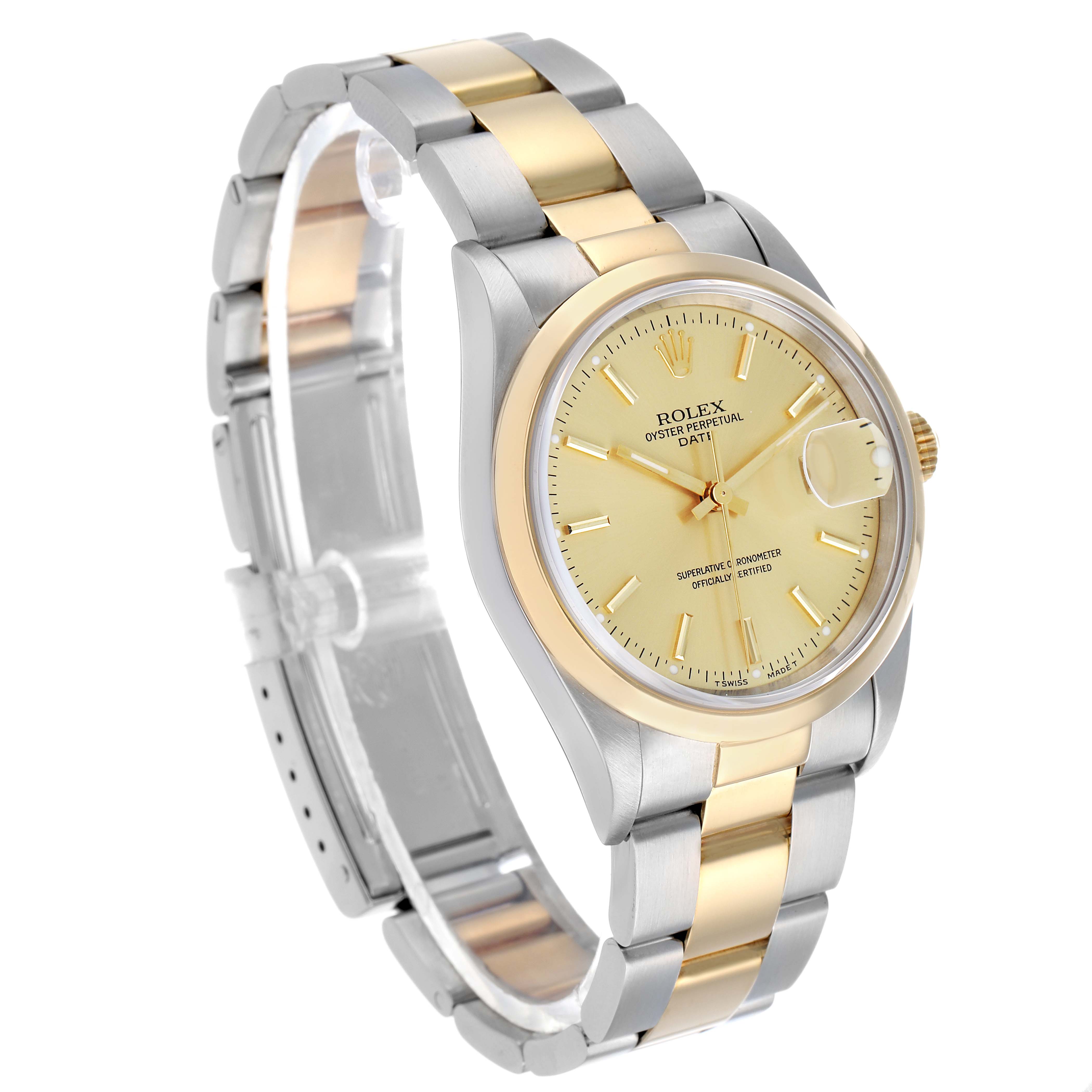 The Rolex Date 15203 Men's Steel and Gold (two tone) Champagne Dial model is shown at an angle displaying the face, bezel, and part of the bracelet.