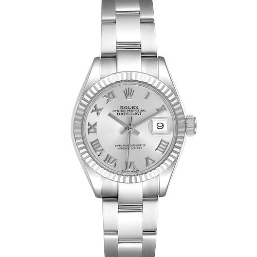 The image shows a front view of the Rolex Datejust 279174 Women's Stainless Steel Silver Dial, highlighting its dial, bezel, bracelet, and date window.