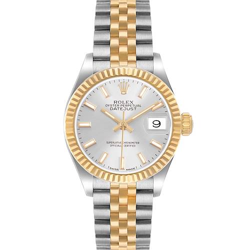 The Rolex Datejust 279173 Women's Steel and Gold (two tone) Silver Dial watch is shown from a front angle, highlighting the dial, fluted bezel, and two-tone bracelet.