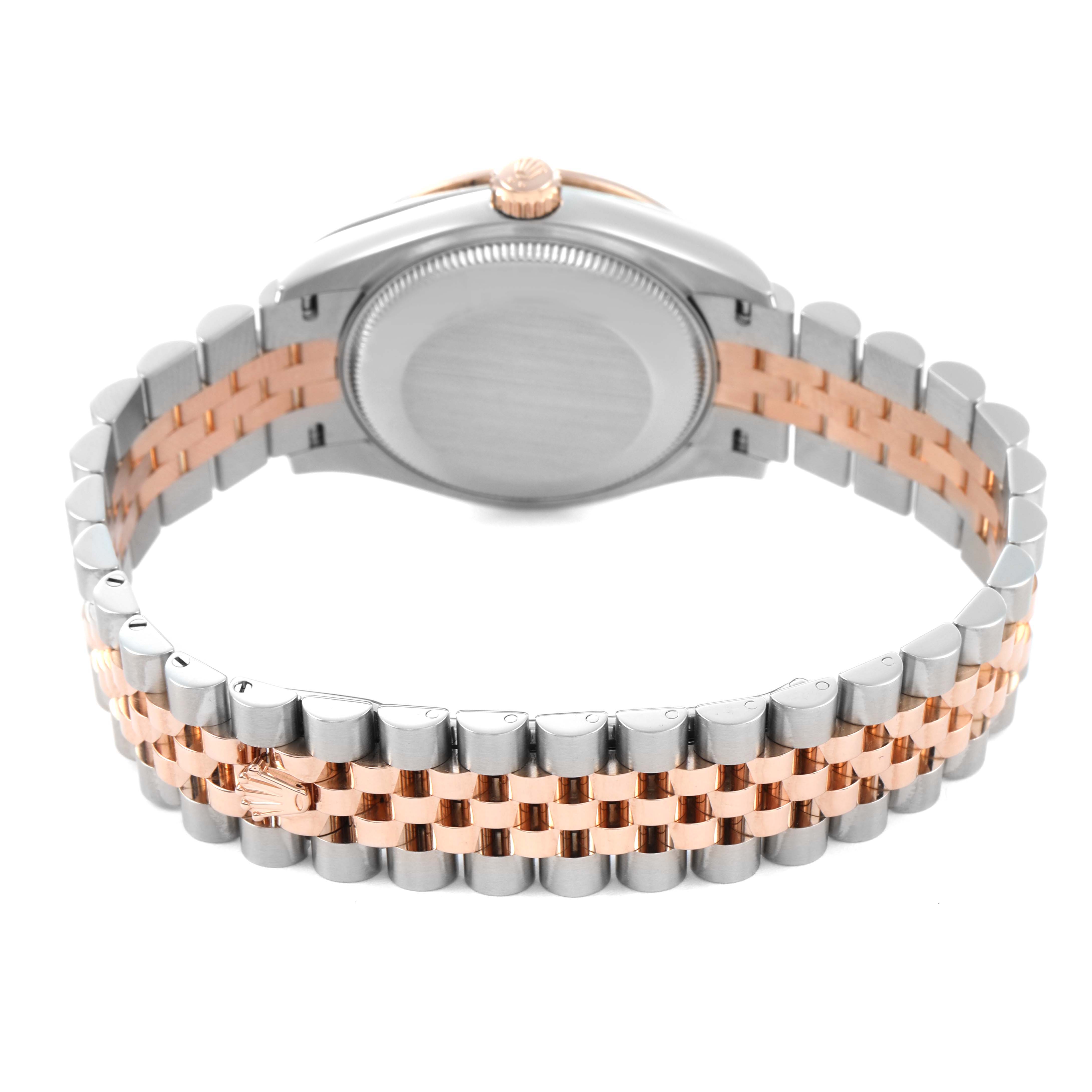 The image shows the back of a Rolex Mid-Size 278381RBR-0020 Womens Stainless Steel Grey Dial watch, focusing on the case, crown, and two-tone bracelet.