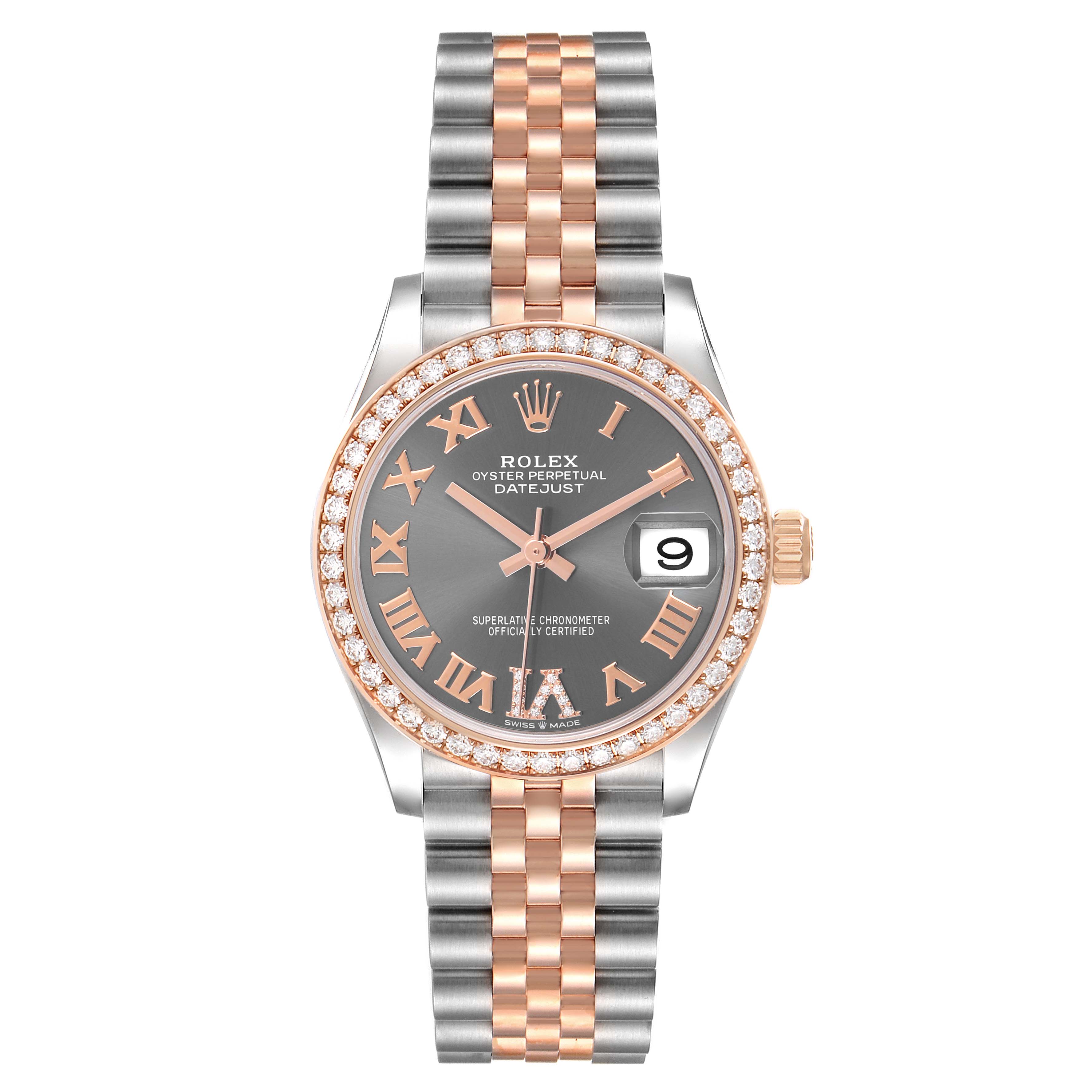 The Rolex Datejust Mid-Size watch is shown from a front angle, highlighting its two-tone bracelet, diamond bezel, and Roman numeral dial.