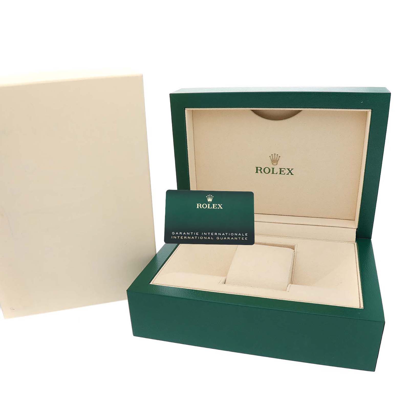 The image shows a Rolex Mid-Size 278381RBR-0020 Womens Stainless Steel Grey Dial model watch box open with the guarantee card displayed in front.