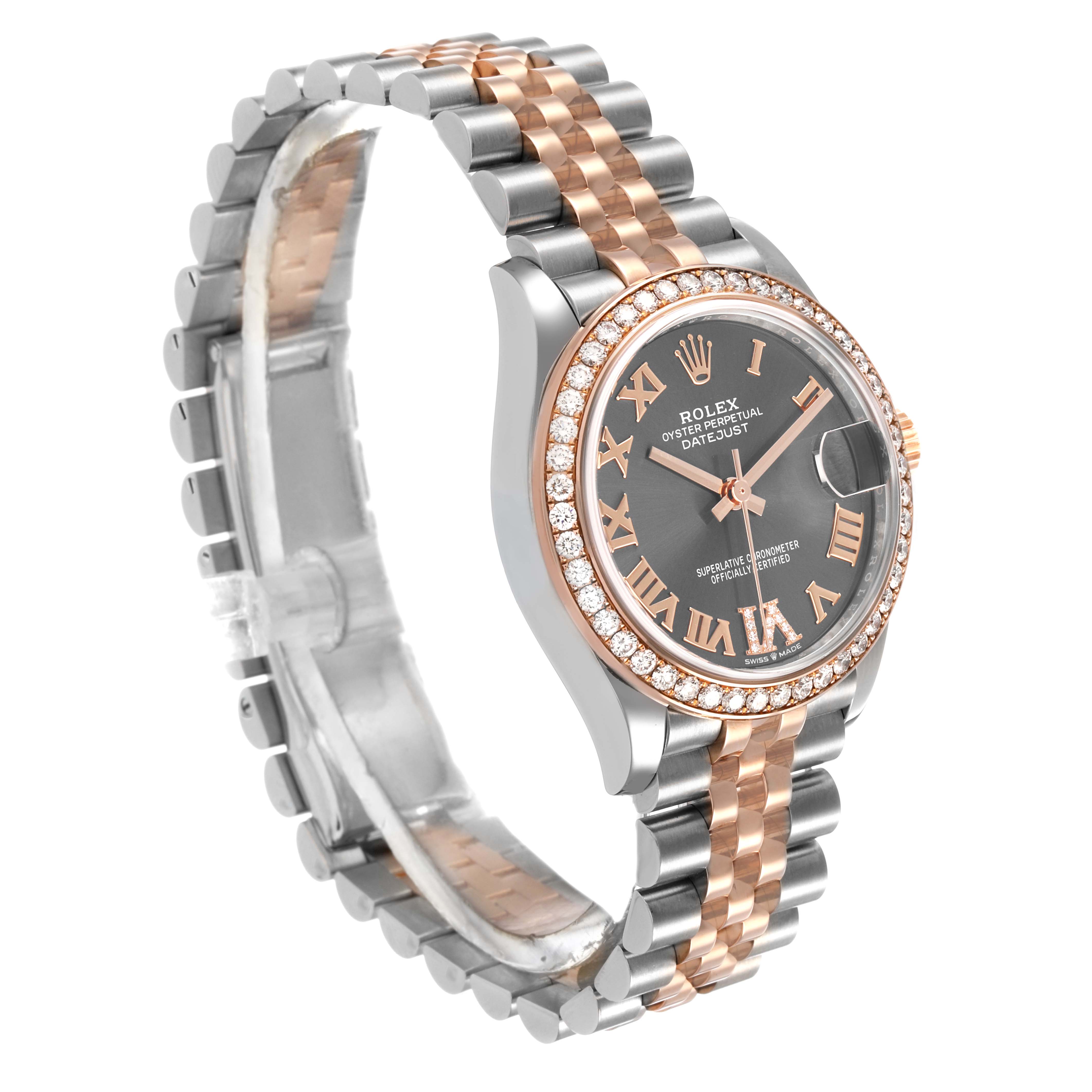 The Rolex Mid-Size 278381RBR-0020 Womens Stainless Steel Grey Dial watch is shown at a three-quarter angle, featuring the dial, bezel, and Jubilee bracelet.