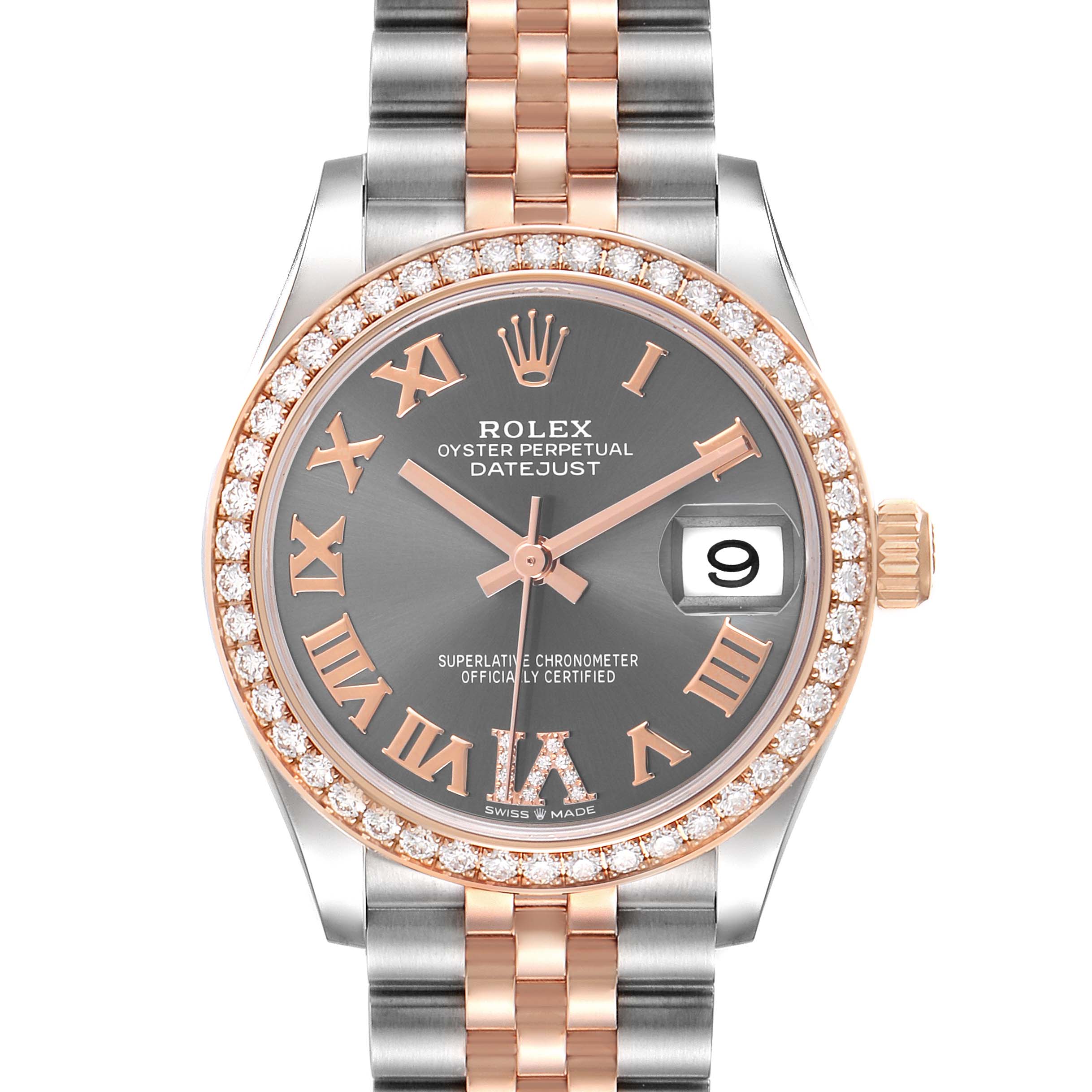 The Rolex Datejust Mid-Size watch is shown from a front angle, highlighting its dial, bezel, and bracelet.