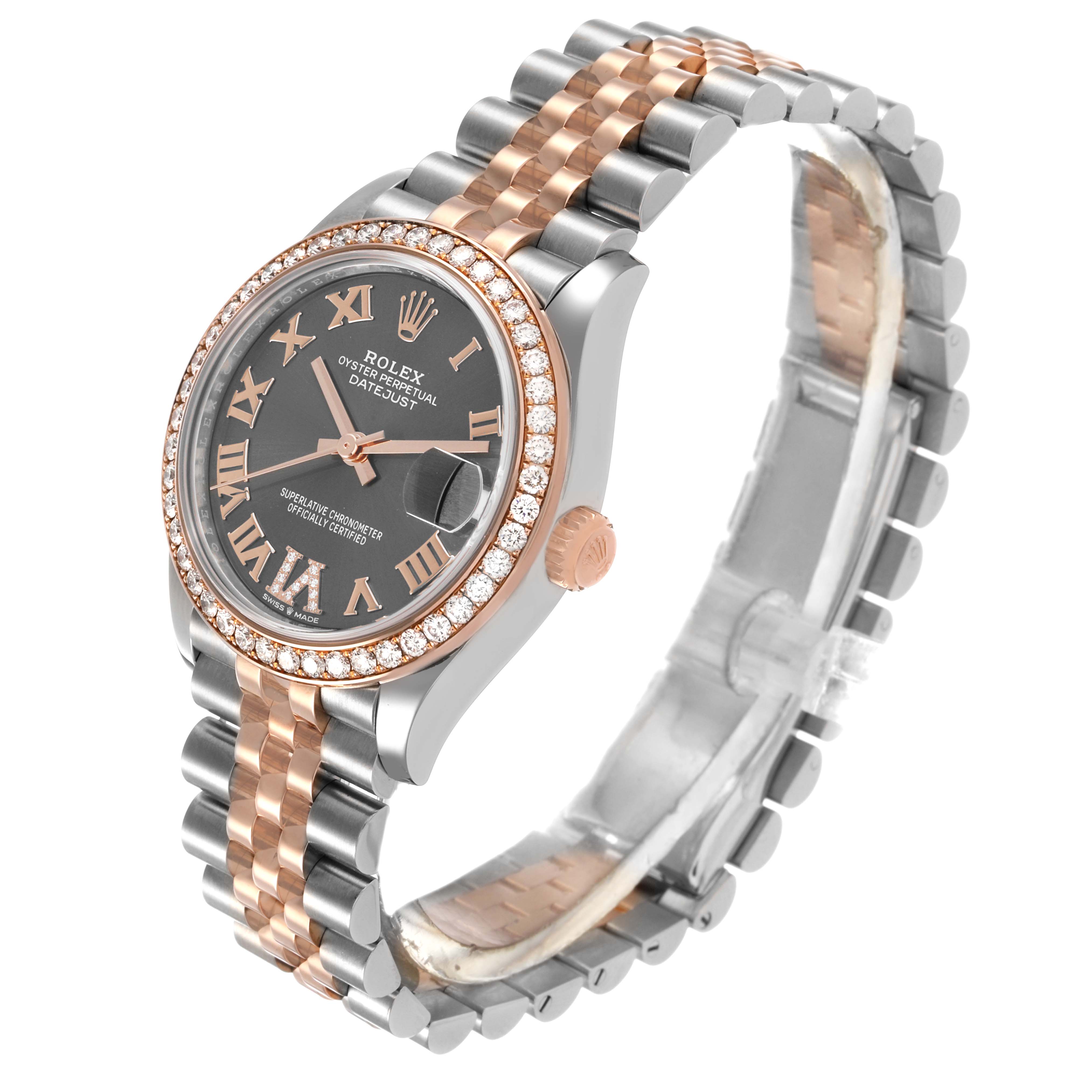 The Rolex Mid-Size 278381RBR-0020 Womens Stainless Steel Grey Dial watch is shown at a three-quarter angle highlighting the face, bezel, and bracelet.