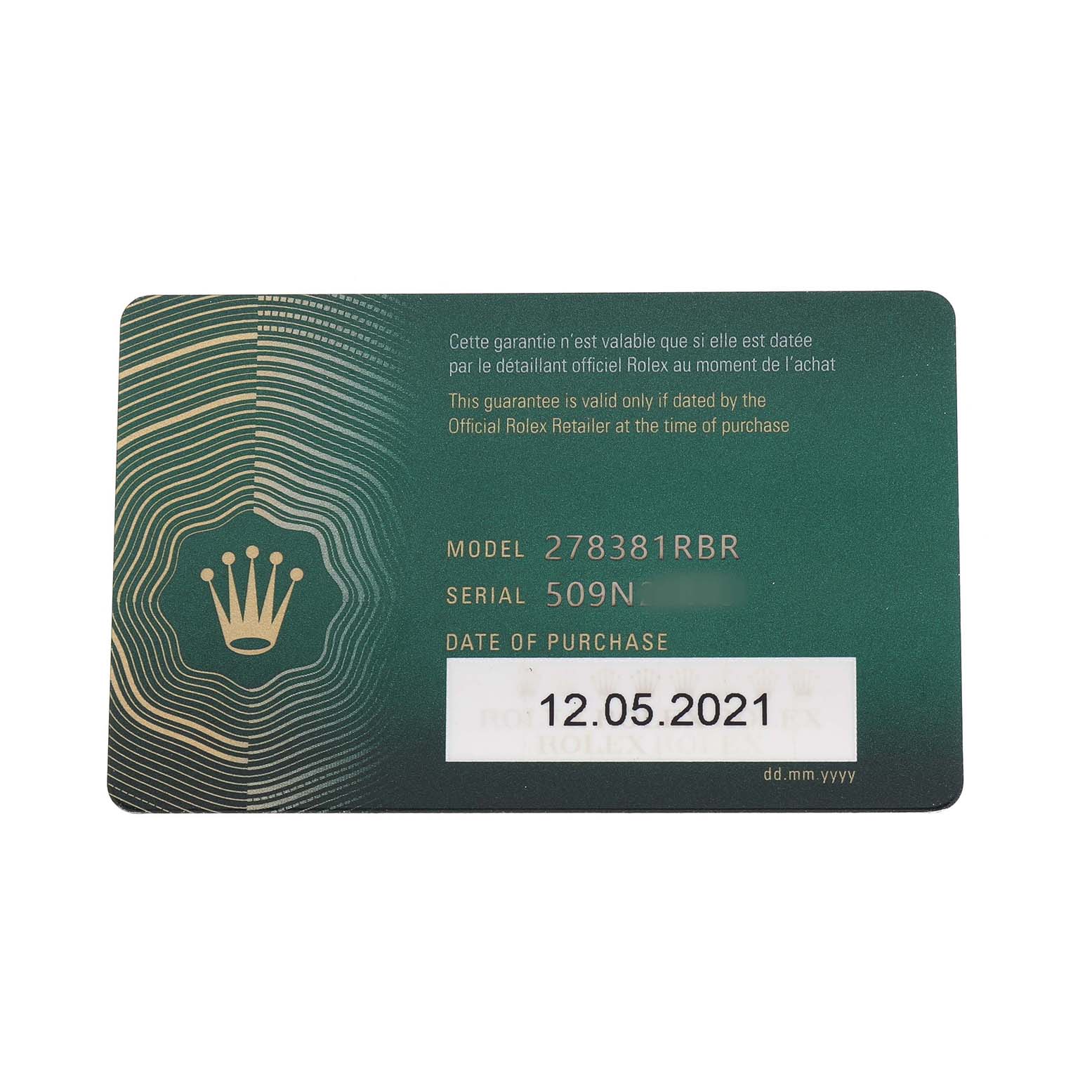 The image shows a Rolex Mid-Size 278381RBR-0020 Womens Stainless Steel Grey Dial model guarantee card with model and serial numbers, plus the purchase date.